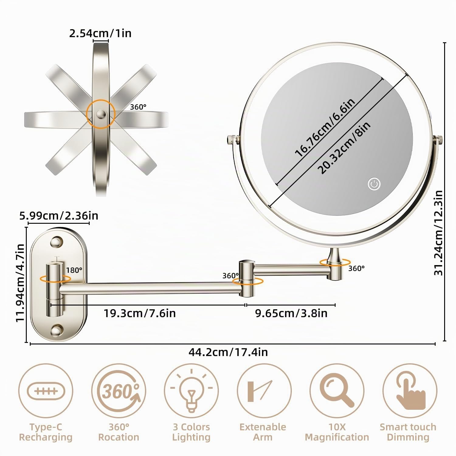 Miroir Grossissant Lumineux 1X/10X Mural Miroir Grossissant Lumineux Mural et 360°Pivotant 3 couleurs luminosité et température de couleur réglables USB Rechargeable, pour coiffeuse, salle de bain