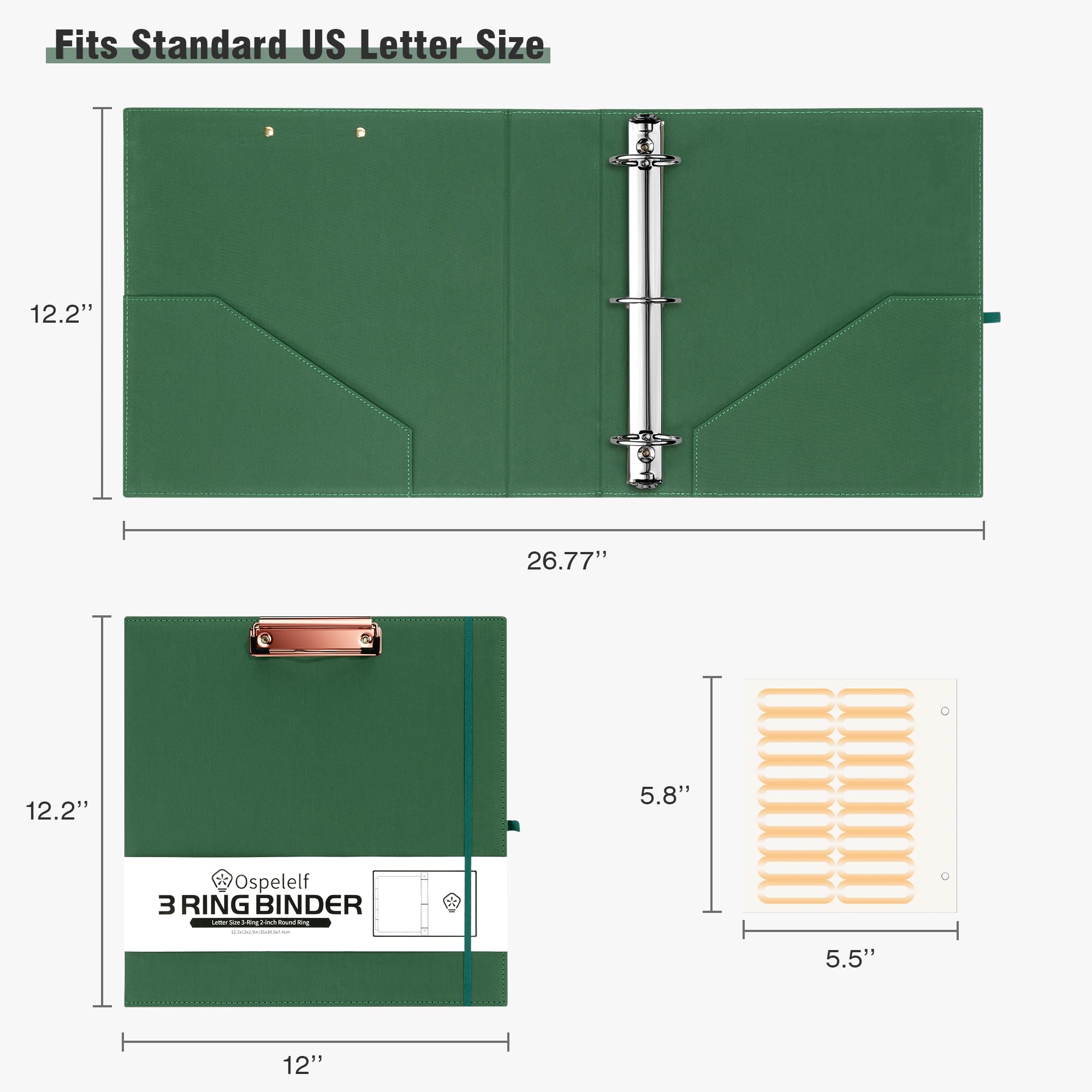 Ospelelf Organizer per raccoglitori a 3 anelli da 5 cm, con custodia con cerniera, portablocco in lino per lettere (27,9 x 21,6 cm), 5 cartelle in plastica con 10 tasche, raccoglitore scolastico con