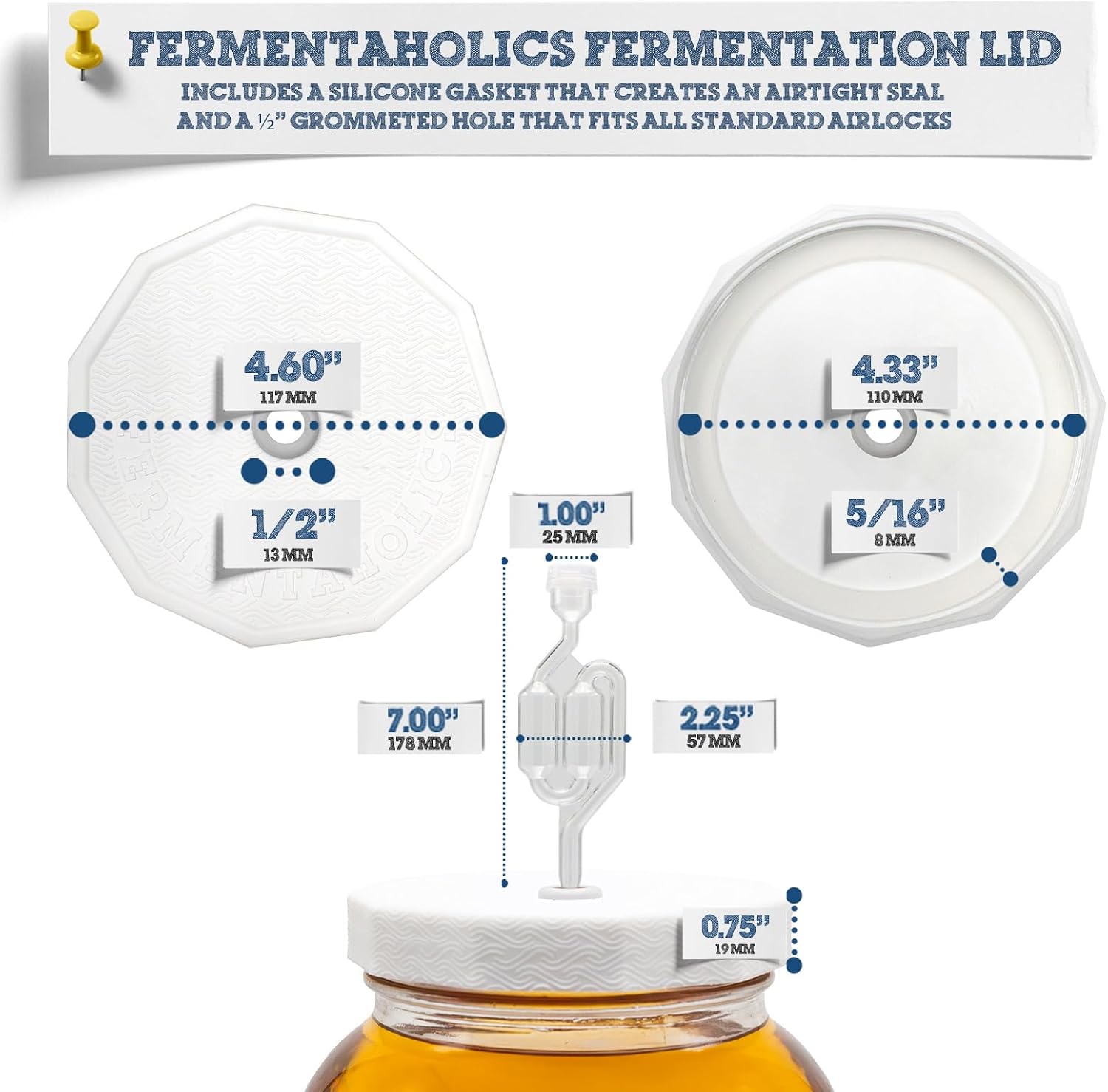 Fermentaholics 2 Pack - 110mm One Gallon Fermentation Lid, Gasket & S Airlock - Airtight Lid Turns Gallon Jar Into A Fermenter - Make Beer, Wine, Mead, Cider, Hard Kombucha, & More