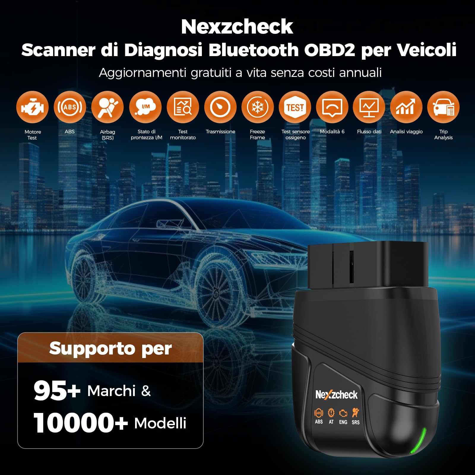 OBD2 Auto Diagnostica OBD Bluetooth: 5.1 OBD2 Scanner Diagnosi Auto Professionale in Italiano per Motore/AT/ABS/SRS Diagnostics - Multi Marche Auto iOS Android Windows - Aggiornamento Gratuito a Vita