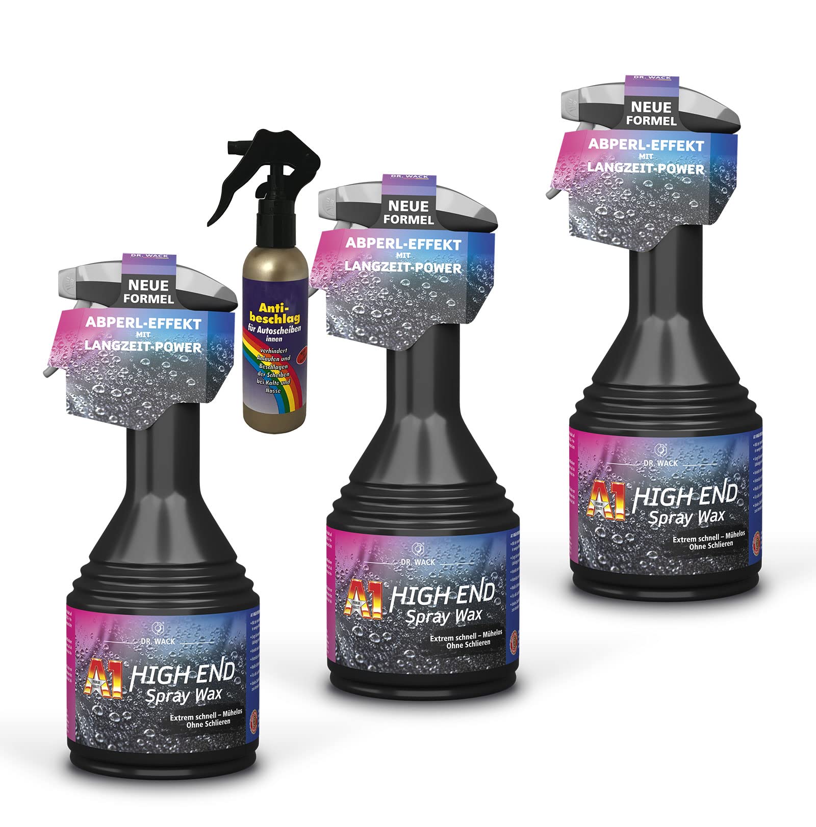 3X 500ml Dr. Wack A1 HIGH END Spray Wax + 1x 100ml Antibeschlag-Spray, Lack-Versiegelung, Lackschutz, Auto-Wachs, Wachsversiegelung für alle Autolacke zum Sprühen mit Wasser-Abperl-Effekt