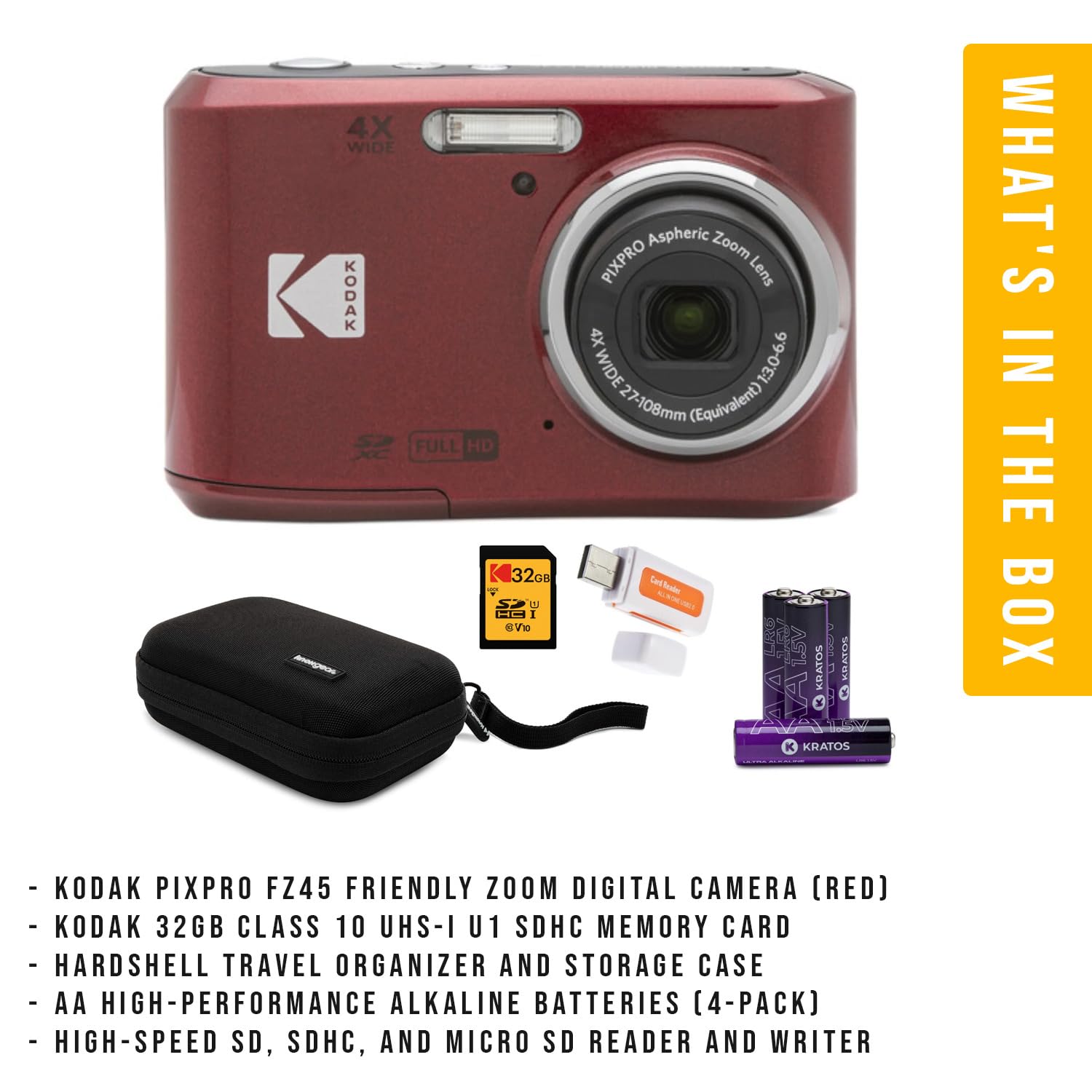 Kodak PIXPRO FZ45 - Fotocamera digitale con zoom amichevole (rosso) scheda memoria 32 GB, organizer viaggio e custodia, batterie alcaline e lettore SD (5 articoli)