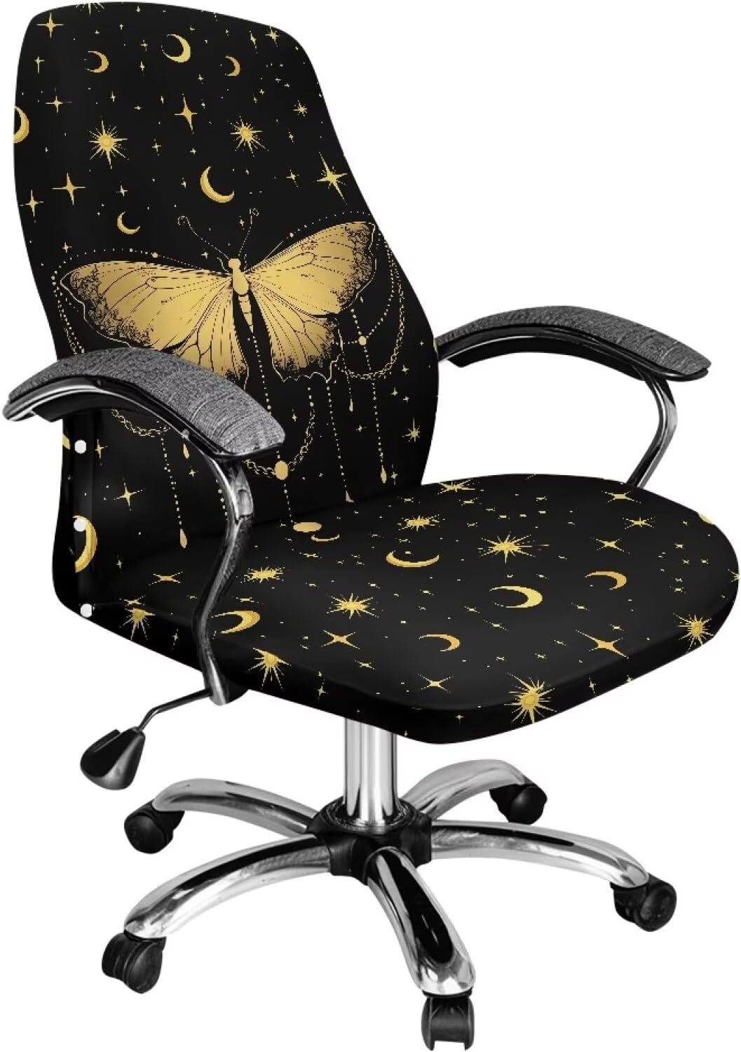 Xoenoiee Butterfly Moon Stars Print Computer Office Chair Covers Stretchable Soft Fit Universal Desk Rotating Slipcovers, Removable Washable Chair Protector Cover with Button, Large