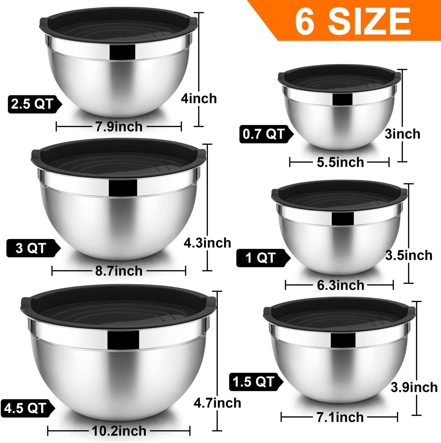 Walchoice Mixing Bowls with Lid Set of 6, Stainless Steel Metal Nesting Bowls for Cooking, Baking, Preparing, Serving, Size 4.5/3/2.5/1.5/1/0.7 QT - Black