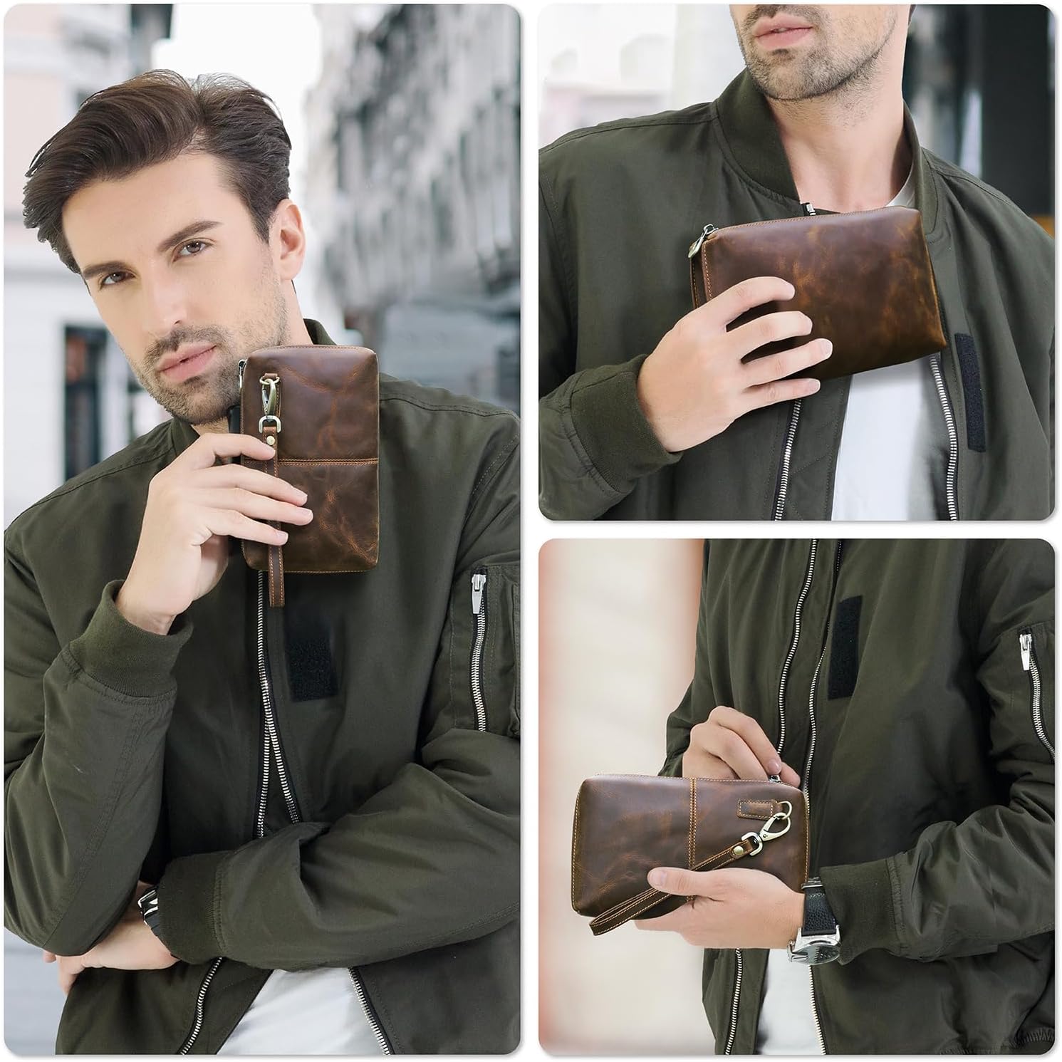 Top Grain Genuine Leather Clutch Wallet with Wristlet for Man & Woman, Handmade Simple Retro Vintage Design, Multi Pockets & Card Slots, RFID Large Capacity for Cards/ID/Checks/Banknote/Phone, Coffee