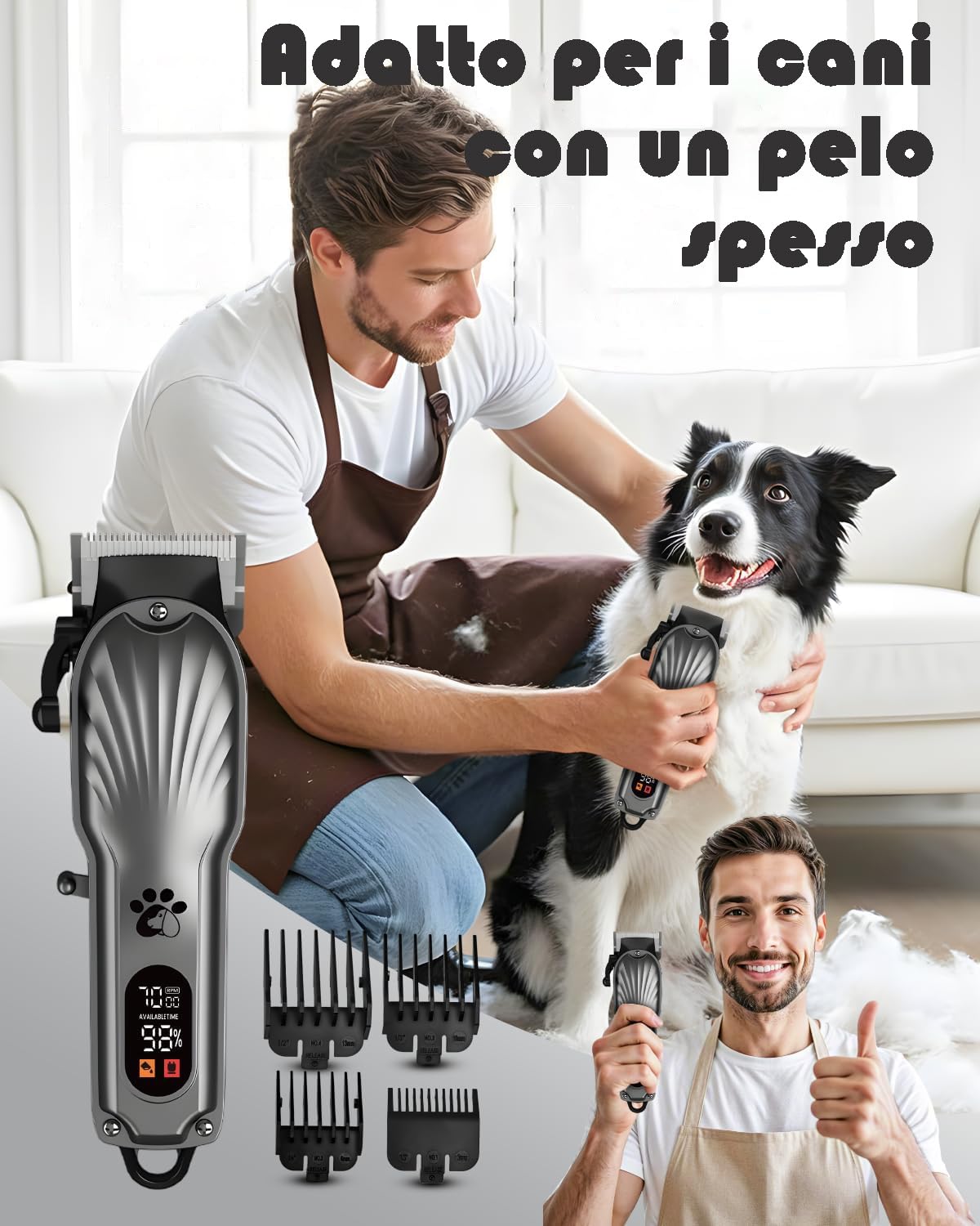 Tosatrice per cani professionale pelo lungo, senza fili, display a LED, a basso rumore, ricaricabile, con kit per la toelettatura delle unghie