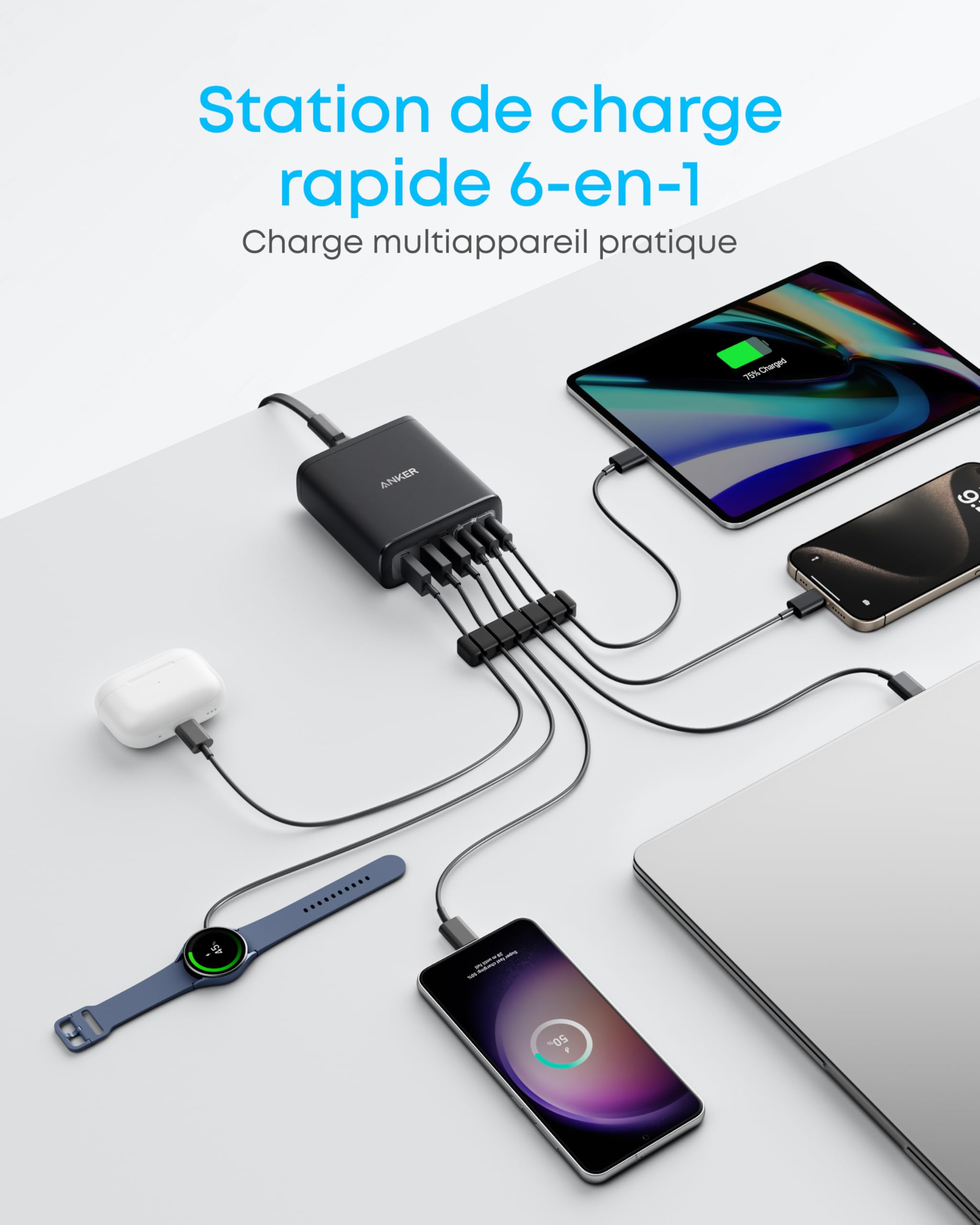 Anker Chargeur USB C 112W, Station de Recharge 6 Ports Sortie, pour iPhone 16/16 Plus / 16 Pro / 16 Pro Max/séries 15/14/ 13, MacBook Air, Pixel, Galaxy, iPad, et Autres (câble Non Inclus)
