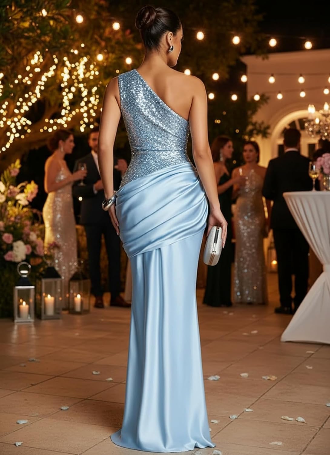 One Shoulder Sequin Prom Dress Women's Ruffled Long Mermaid Satin Evening Dresses