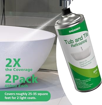 NADAMOO White Bathtub and Tile Refinishing Spray Paint Kit, 450ml (2 Pack), Semi-Gloss DIY Coating for Porcelain, Fiberglass, and Sinks