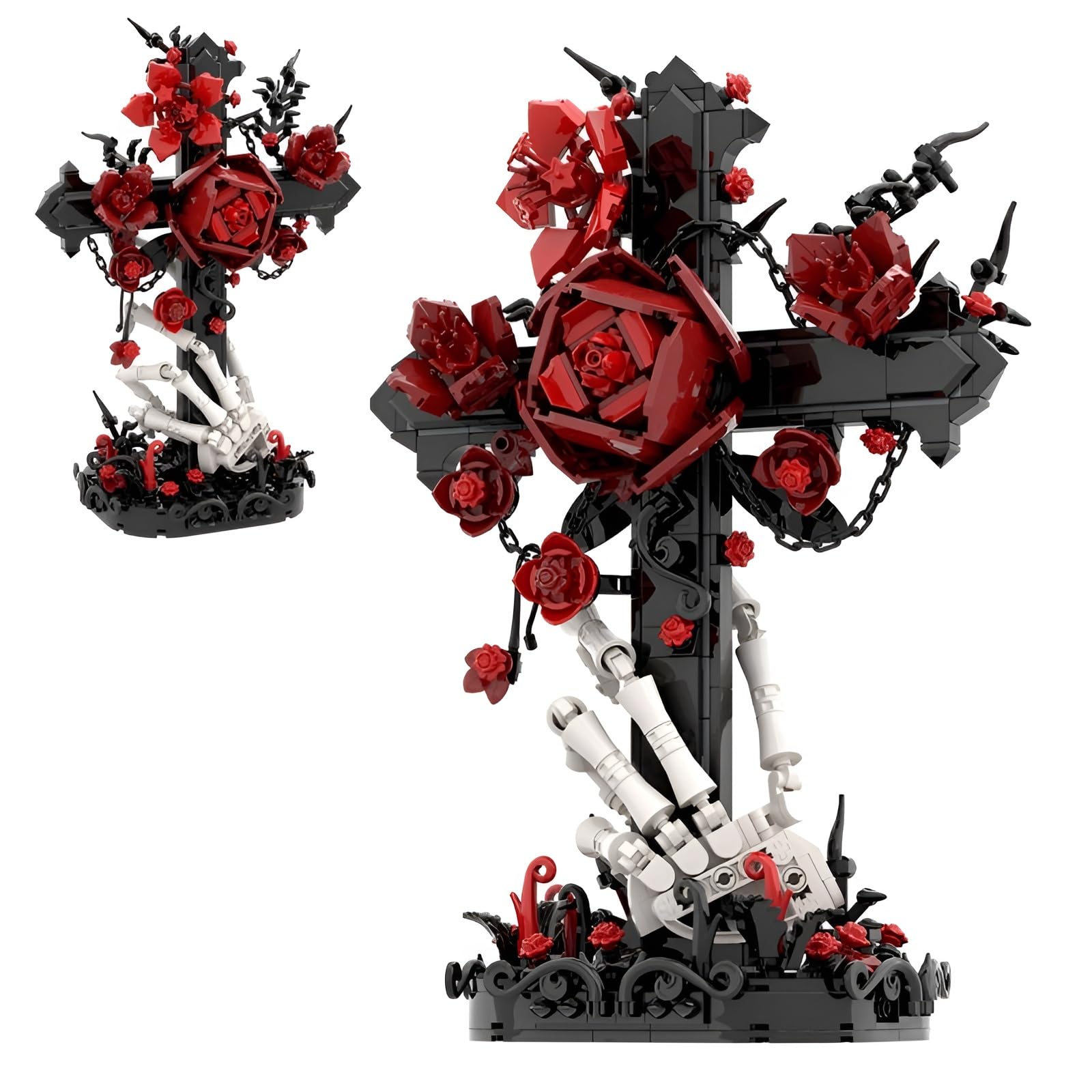 Red Rose Cross Building Blocks Set, 636 PCS Skeleton Cross Building Kit, Creative MOC Skull Artificial Flower Bricks Model Toy, Easter Gifts for Adults and Teens