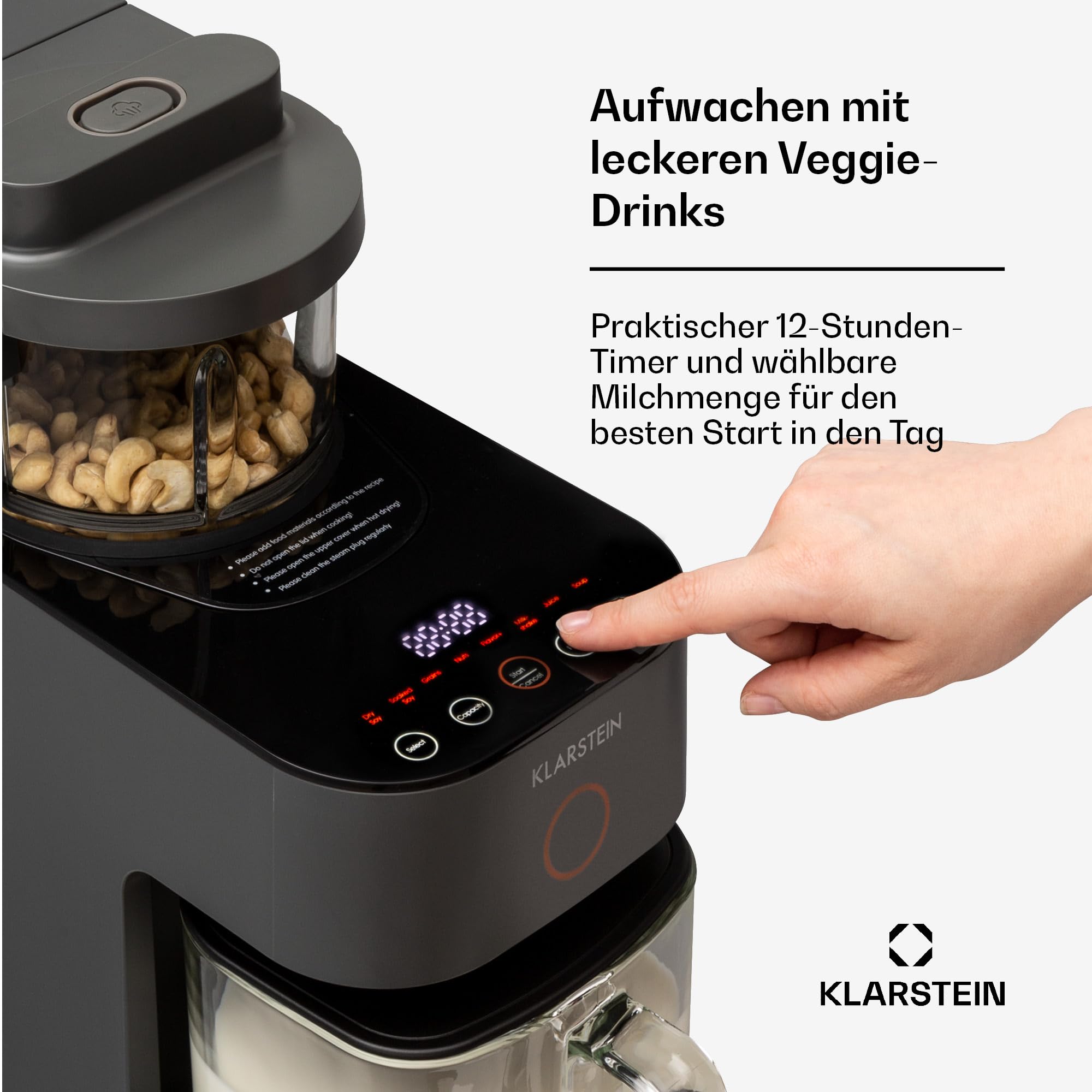 Klarstein Mixer, Standmixer mit 300 Motor- und 1250 Watt Heizleistung, Hochleistungsmixer für Pflanzenmilch Zubereitung, Smoothie Mixer mit 360° Heiztechnologie, 30.000 U/min, Touchscreen, Schwarz