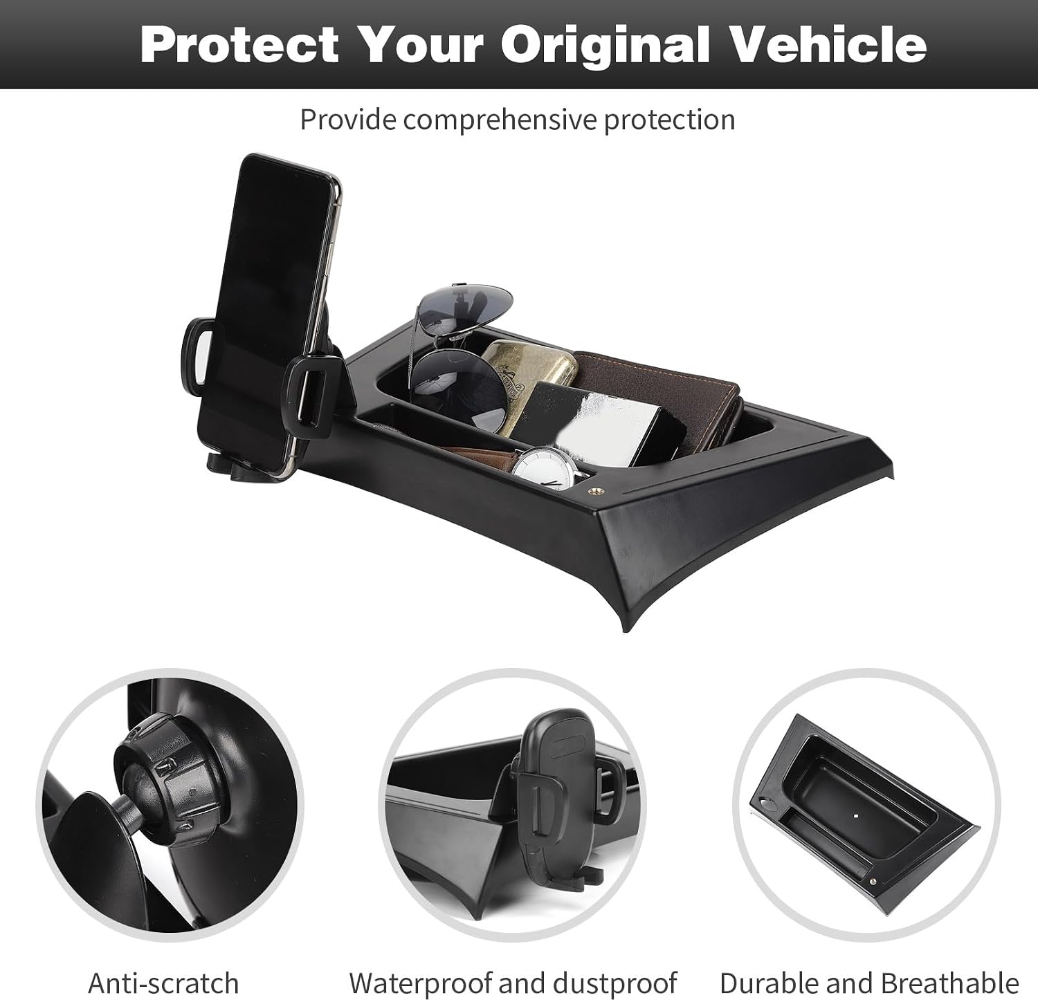 CheroCar JK Phone Holder Multi-Mount Phone Mount Dash Tray Storage Box System Kit fits for 2012-2017 Jeep Wrangler JK JKU, Organizer Box Interior Accessories,Black-E