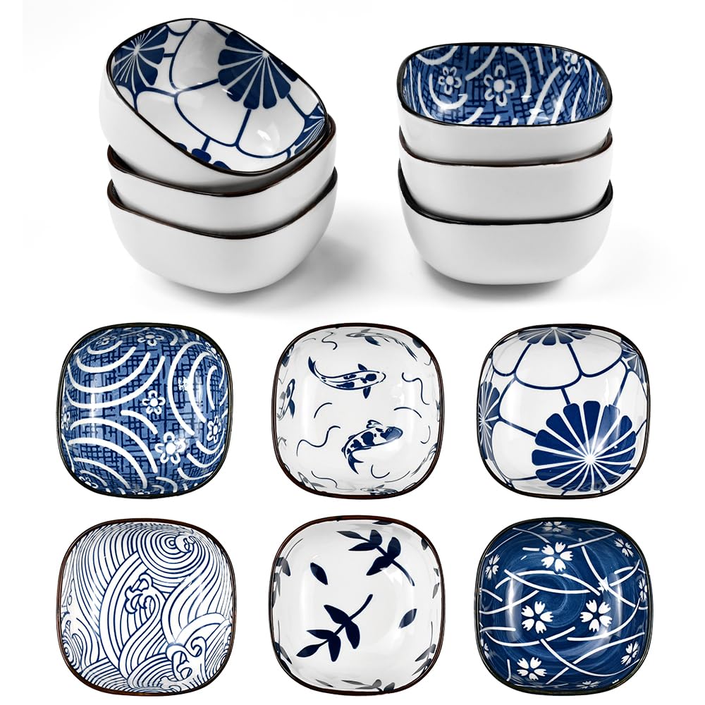Set di 6 piccole ciotole in ceramica quadrate in stile giapponese, ciotole per snack da 9,2 cm, mini ciotole in ceramica blu e bianca per sushi, tapas, dessert, noci, olive e salsa di soia (9,2