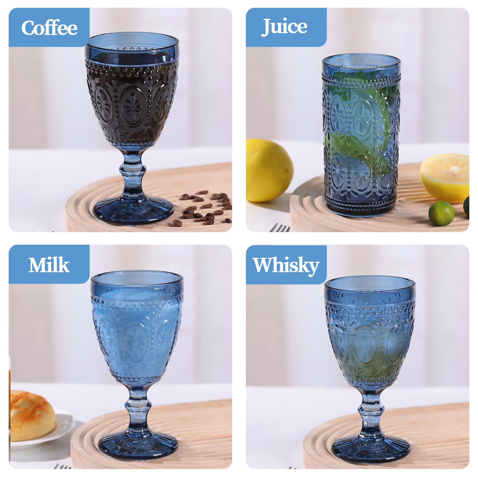 Blue Wine Glasses - Vintage Goblets Set of 4 -4
