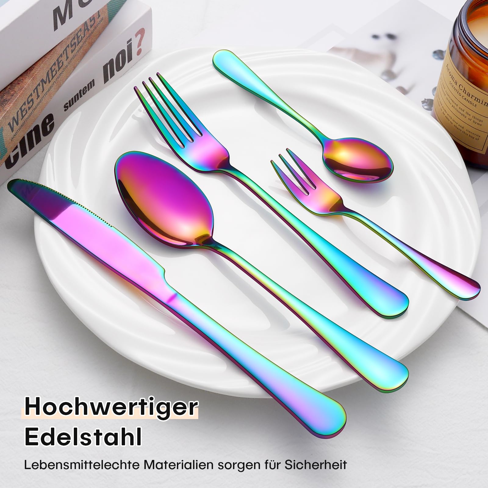 HONKKU Set de couverts pour 6 personnes, 30 pièces arc-en-ciel avec couteau, fourchette, cuillère, couverts en acier inoxydable poli miroir, passe au lave-vaisselle
