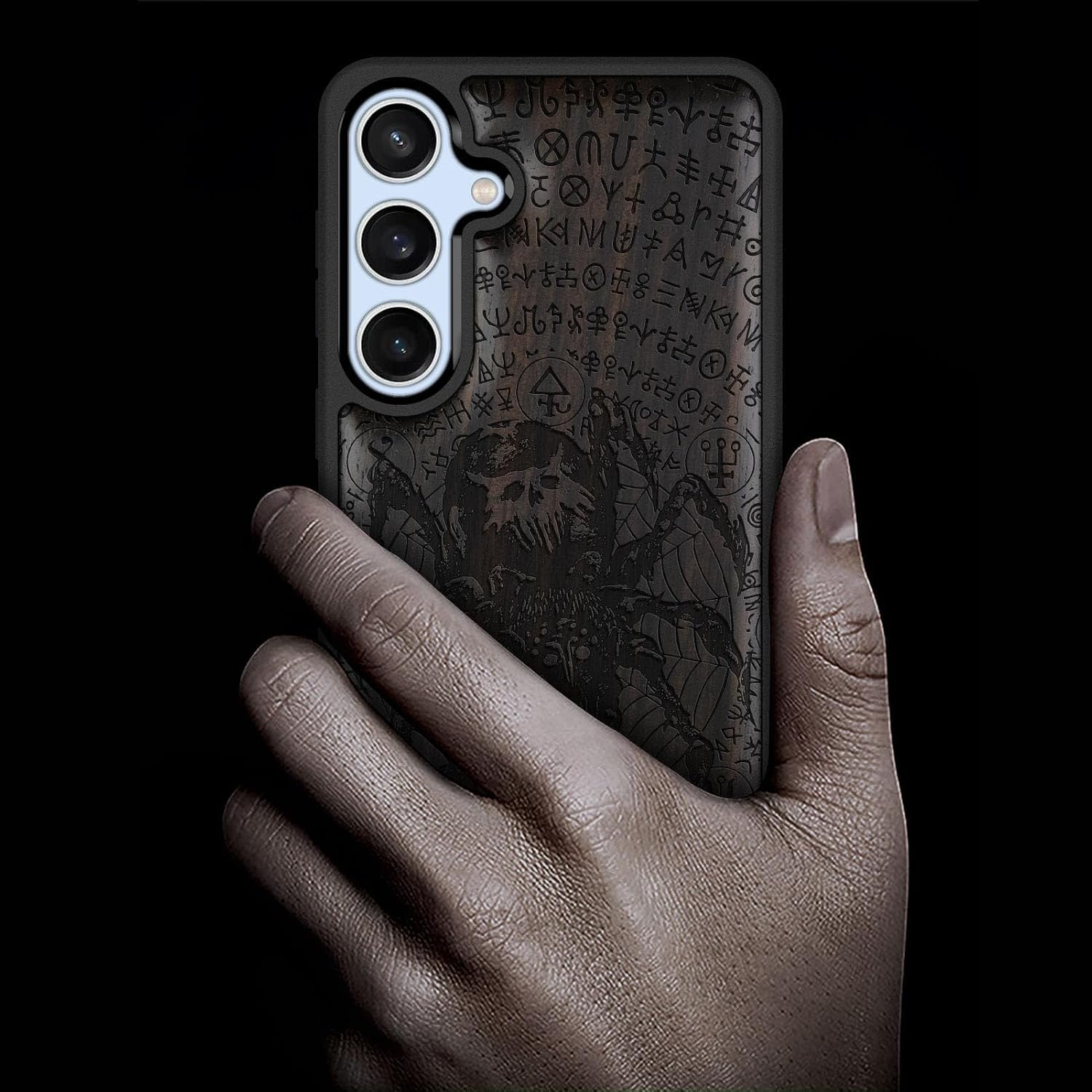Carveit Wood Case for Galaxy S24 FE Case [Natural Wood & Black Soft TPU] Shockproof Protective Cover Unique Wooden Design Compatible with S24 FE (Enigmatic Black Spider-Blackwood)