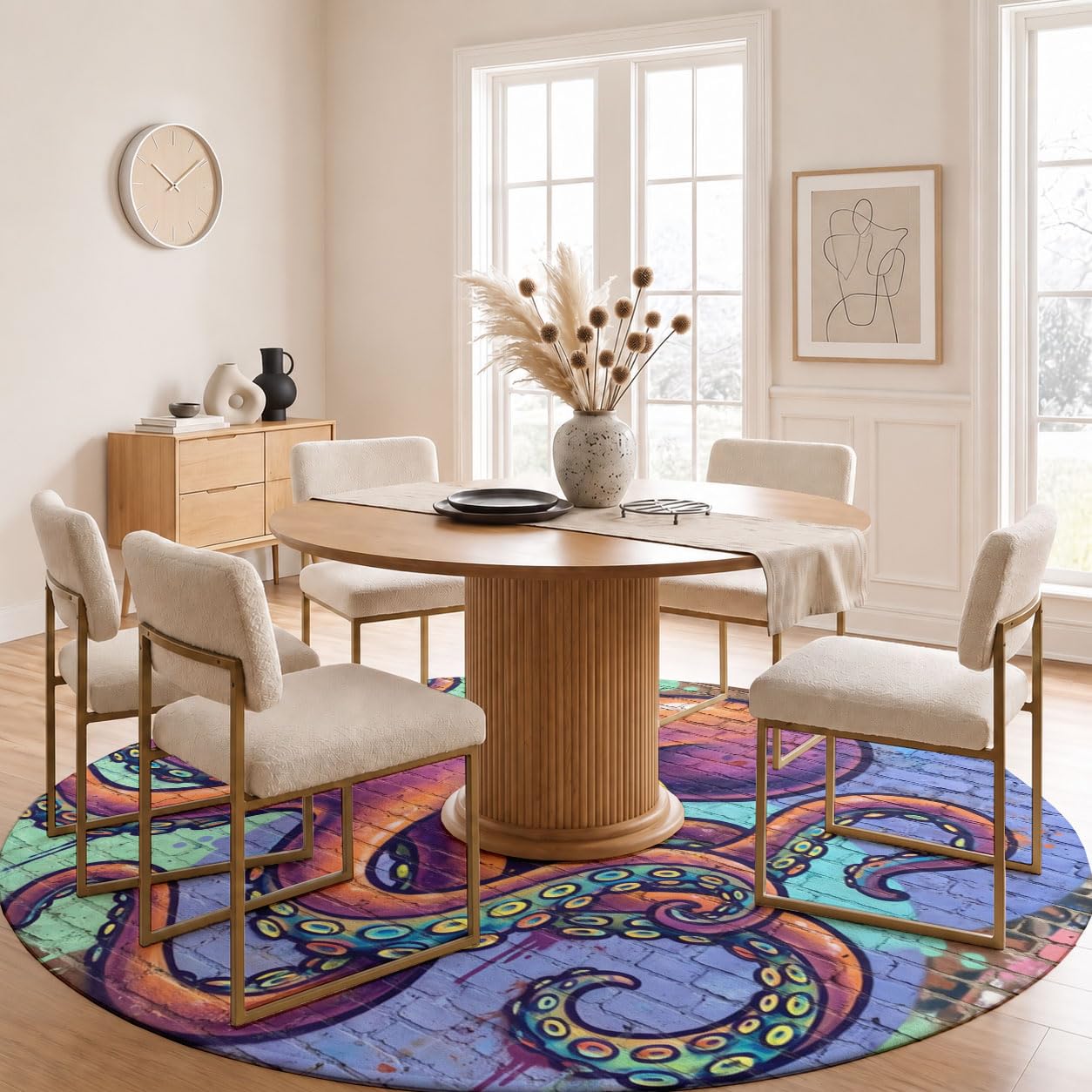 Tapis Rond Mur De Briques Pieuvre 120cm | Art De Graffiti sur Mur De Briques Rond Tapis Doux Résistant, Lavable Antidérapant pour Chambre à Coucher Salle à Manger