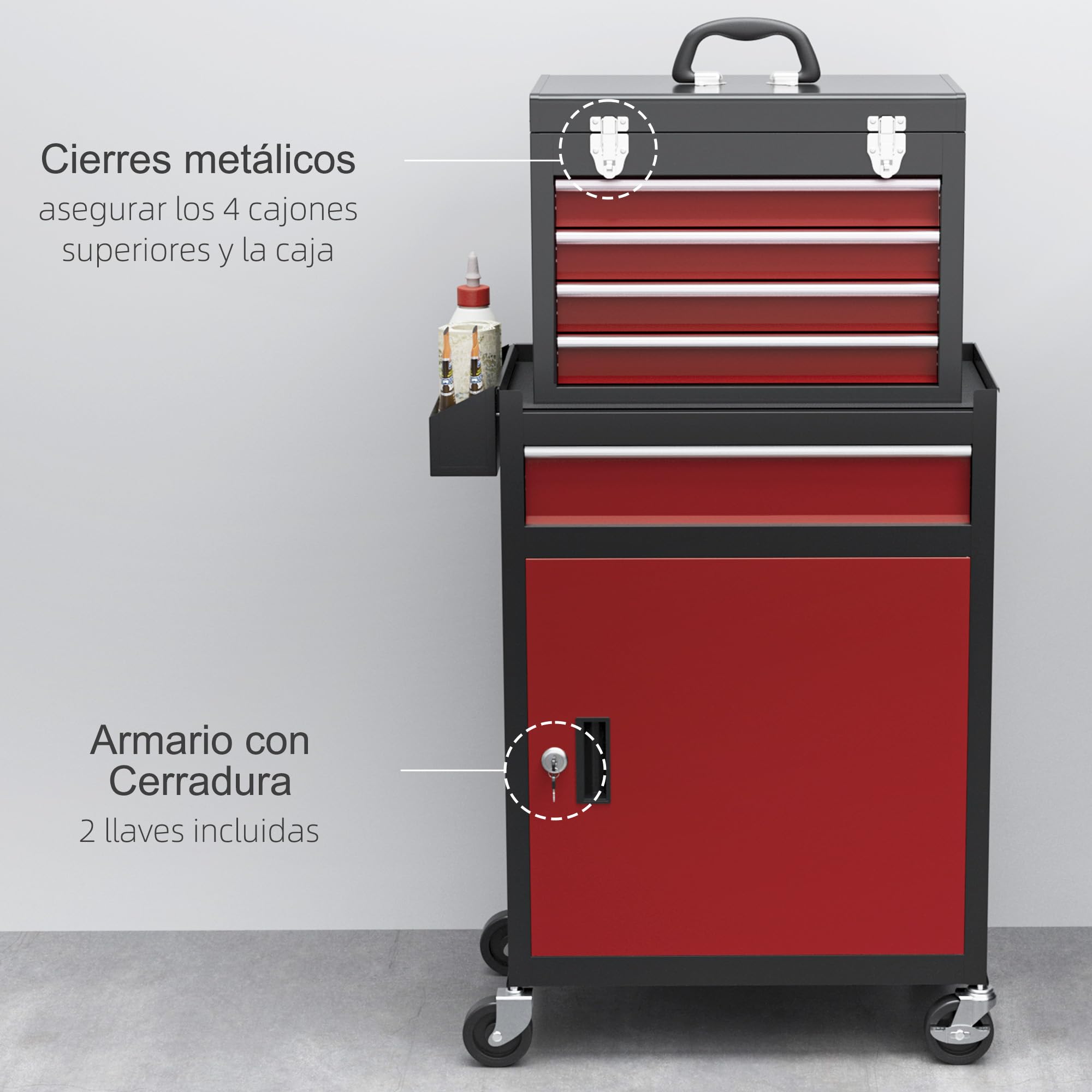 HOMCOM Carro de Herramientas con 5 Cajones y Cerraduras Carro de Taller con Ruedas Caja de Herramientas de Acero con Puerta Extraíble para Taller Garaje Negro y Rojo
