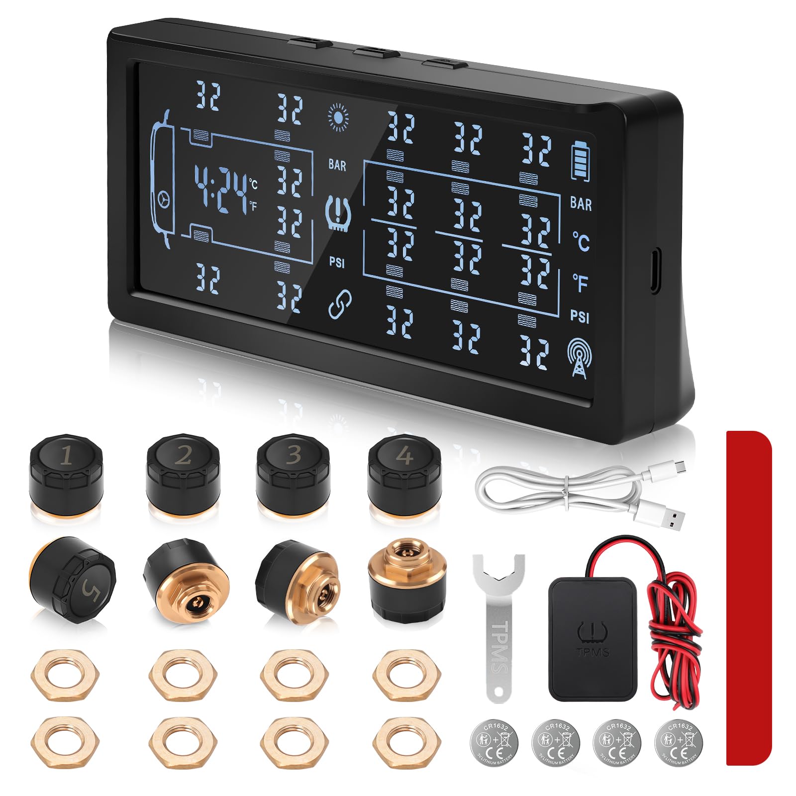 TPMS, sistema di monitoraggio della pressione degli pneumatici, ricarica solare e USB, monitor della pressione dei pneumatici con 8 sensori esterni, display LCD, avvisi vocali, converte tra 6