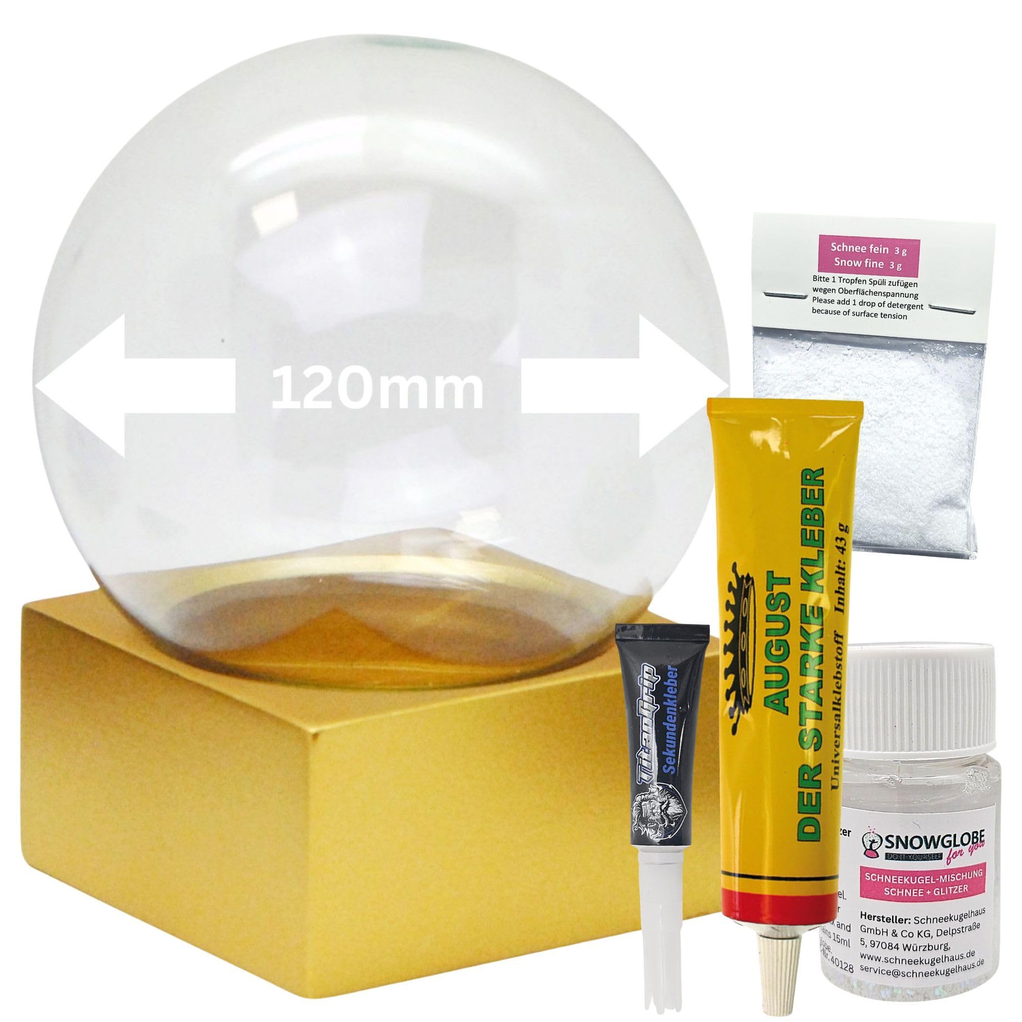 DIY-Komplett-Bastelset für Glas-Schneekugel 120x140mm Gold mit Schnee, Glitzer, Wasserklar & Kleber | DIY Glaskugel Sockel Gold matt eckig | B: 120mm H 140 mm | 40148