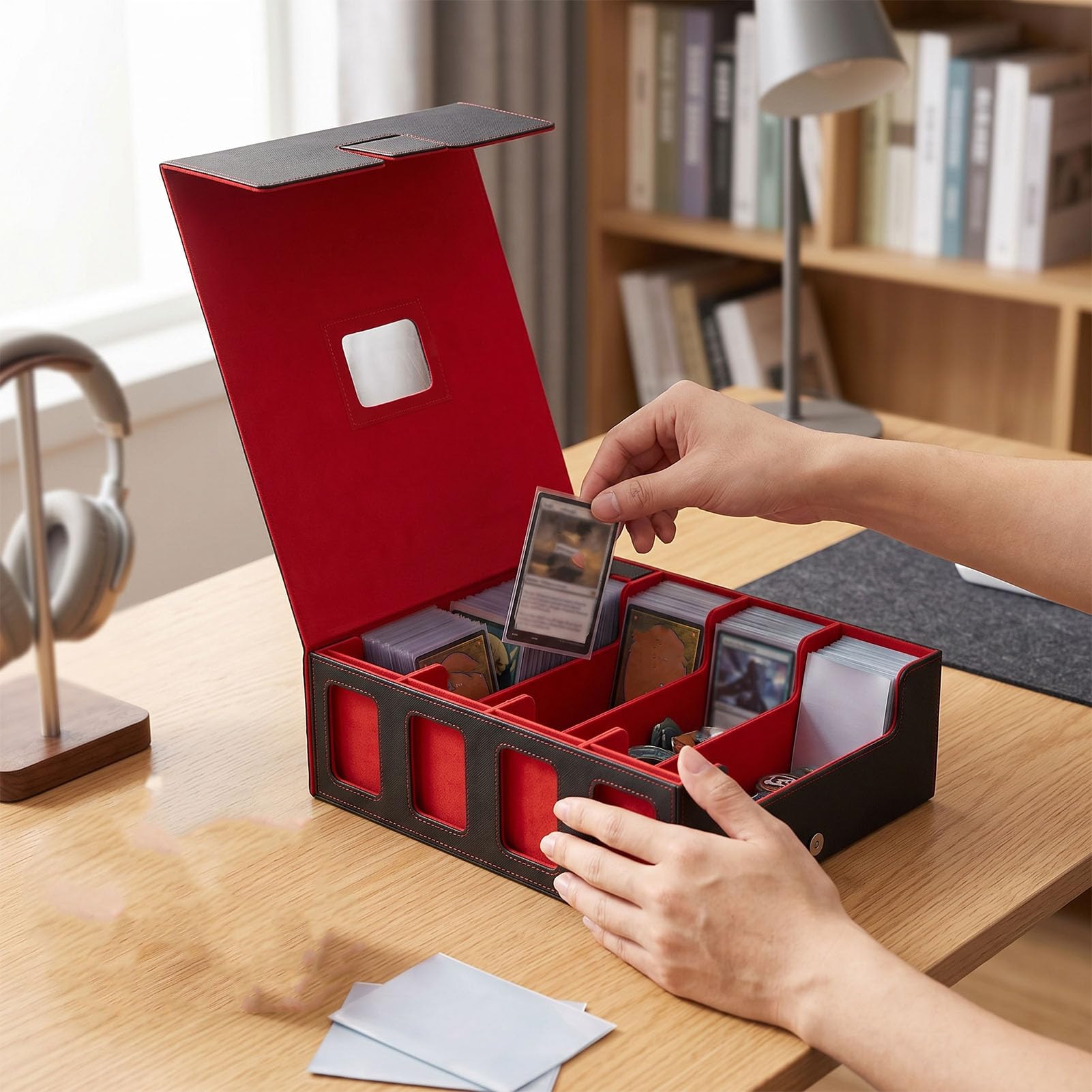 Qcwwy Caja de Almacenamiento para Tarjetas Coleccionables, Soporte para Baraja de 4 Filas de Cuero PU, Capacidad sin Mangas 3200 Plus, Forro de Franela con Cierre Magnético, para Colección de (#1)