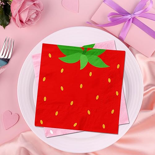 Miniatura 3 de Decoraciones de cumpleaños de fresa, 40 servilletas de fiesta de fresas, servilletas de color rosa y rojo con bayas dulces para fiesta de fresa,