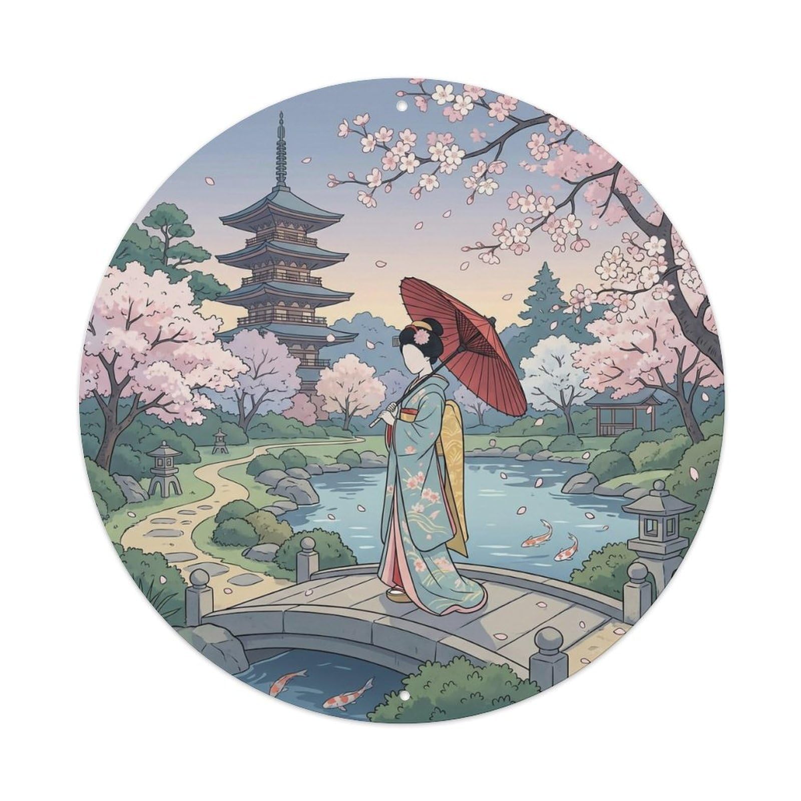 Yrnq 8X8inch Vintage Style Japanese Geisha Half Side Elegant Pose Tranquil Scene Metal Tin Sign