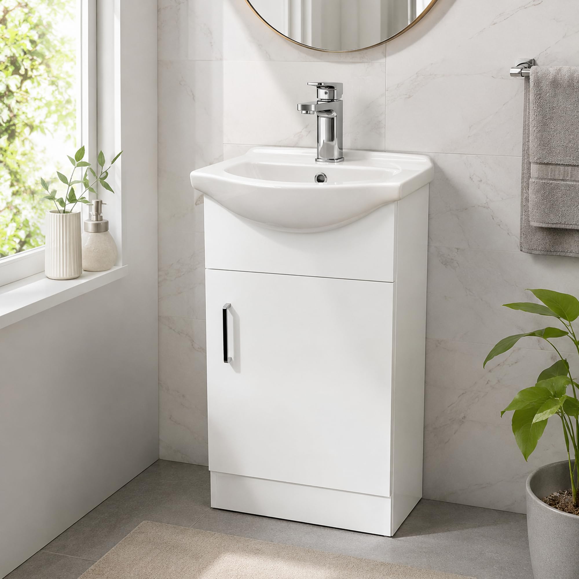 Built Right Bathroom Vanity Unit with Ceramic Basin, White Gloss Floor Standing PVC Bathroom Cabinet, Fully Assembled Soft Close Storage Unit No Tap and waste (450 Single Door)