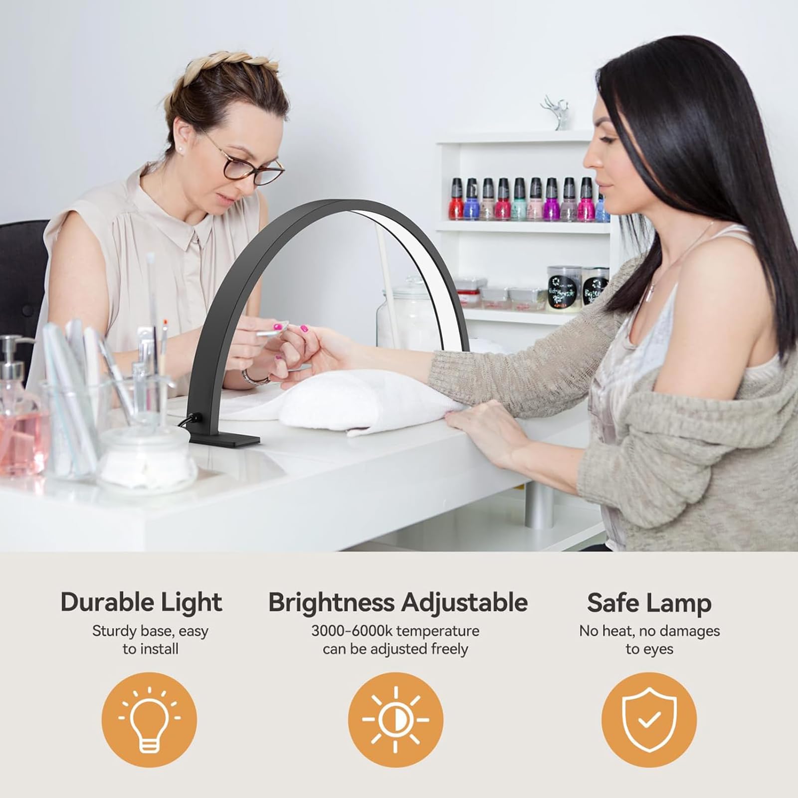 TwoWin 55cm (22 Zoll) Halbmondlampe, 24W Dimmbare Nagellampe, Kosmetiklampe mit 3 Farbtemperaturen, 180 LED Profi Halbmond Lampe, Ideal für Nageltisch, Wimpernverlängerung, Augenbrauen Schwarz