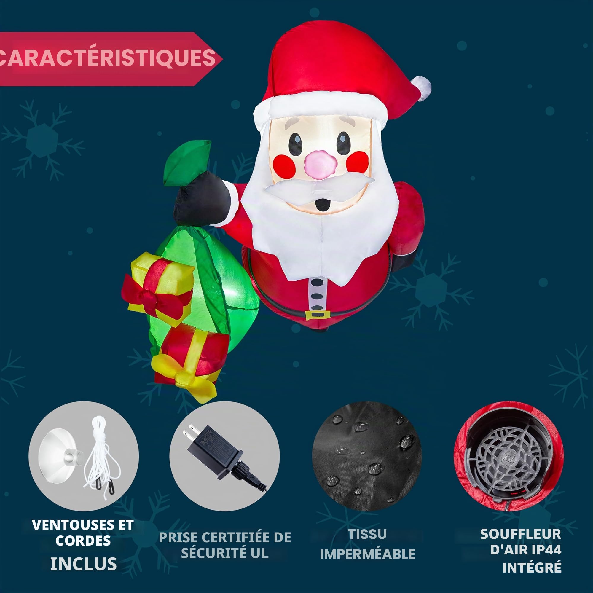 Joiedomi Père Noël Gonflable de 1,1 m de Haut avec Sacs Cadeaux sorti de la fenêtre, Gonflable avec LED intégrée pour décoration de fenêtre, fête de Noël en intérieur, extérieur, Cour, Jardin
