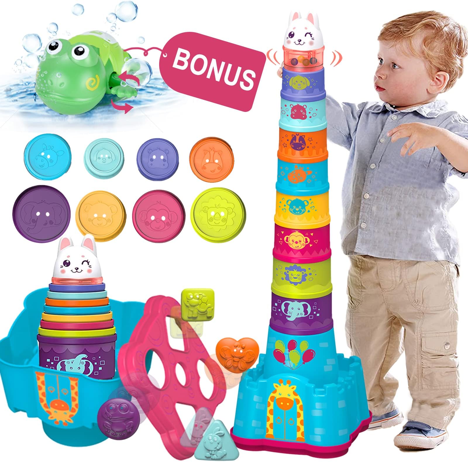 Baby Stacking Toys for Toddler 1-3, Nesting Cup Shape Sorter for Infant 6 to 12-18 Month, Learning Stackable Block, Birthday Gift for Girl Boy 9 Month