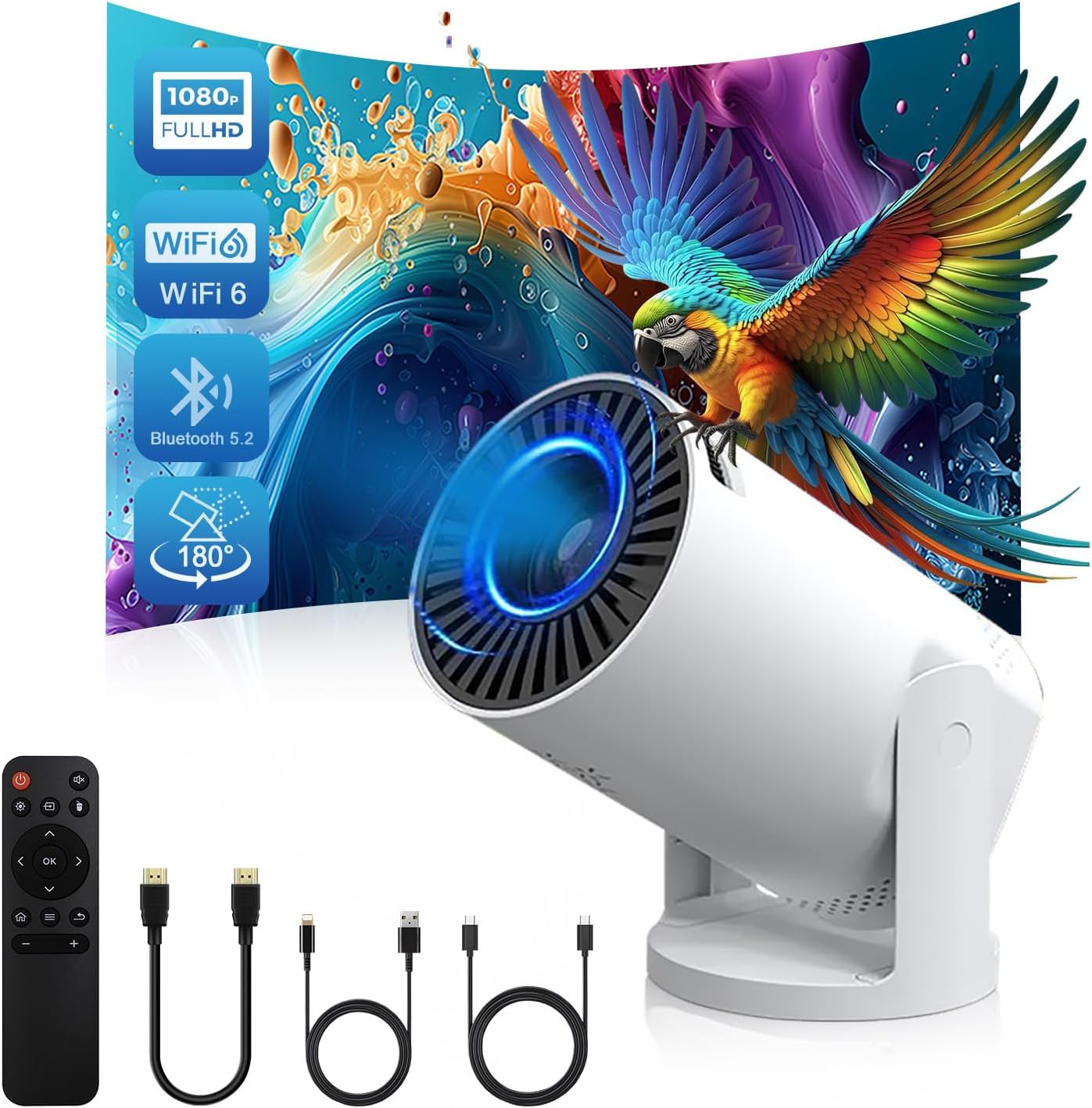 Wireless Mini Projector with WIFI 6 and 5G, 4K 1080P Support Portable Projector 180° Rotatable. 17"-140" Screen Video Projector. Compatible forSmartphone, Laptop, PC