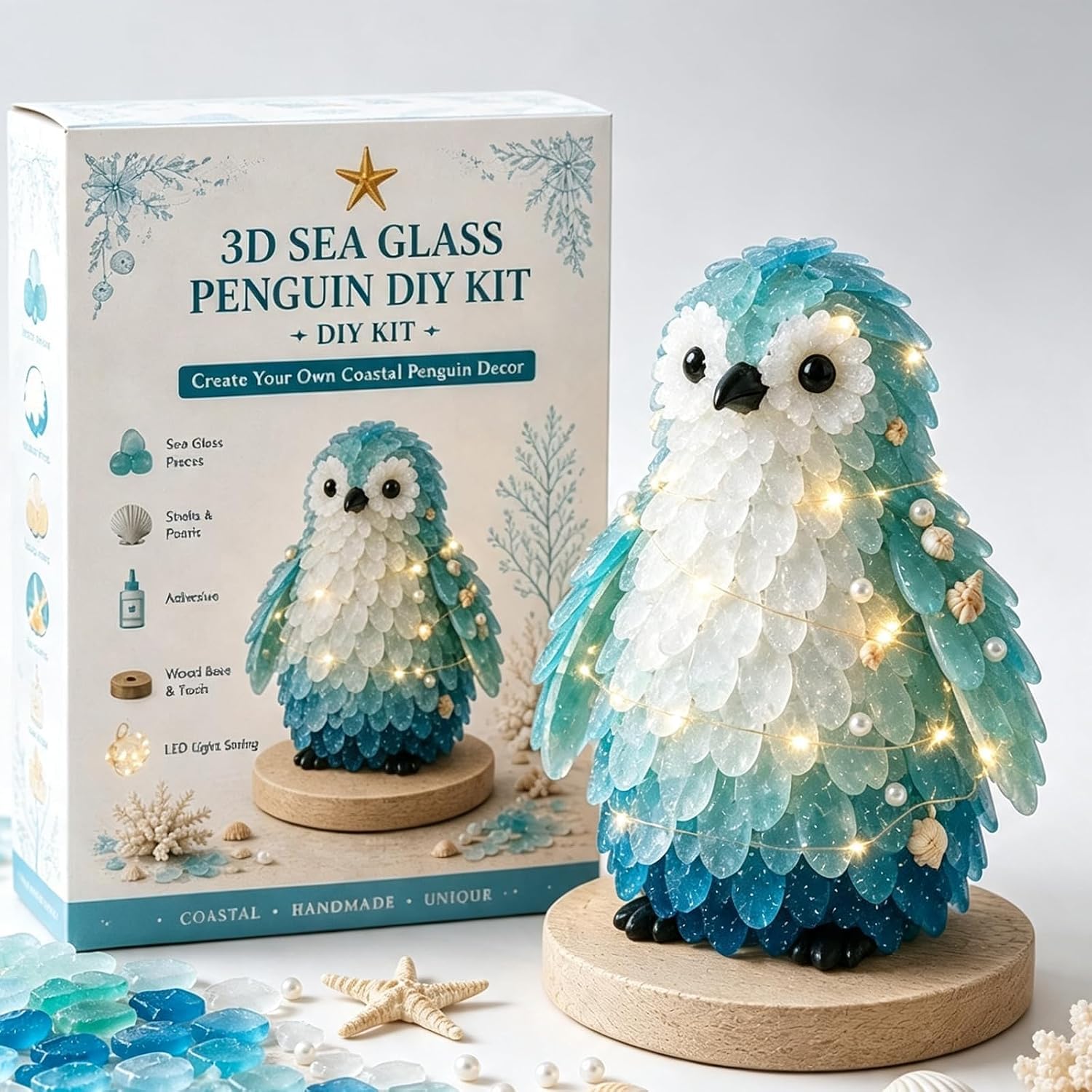 Sea Glass Art Kit, DIY Mosaic Craft Kit with Shells & Pearls，Penguin