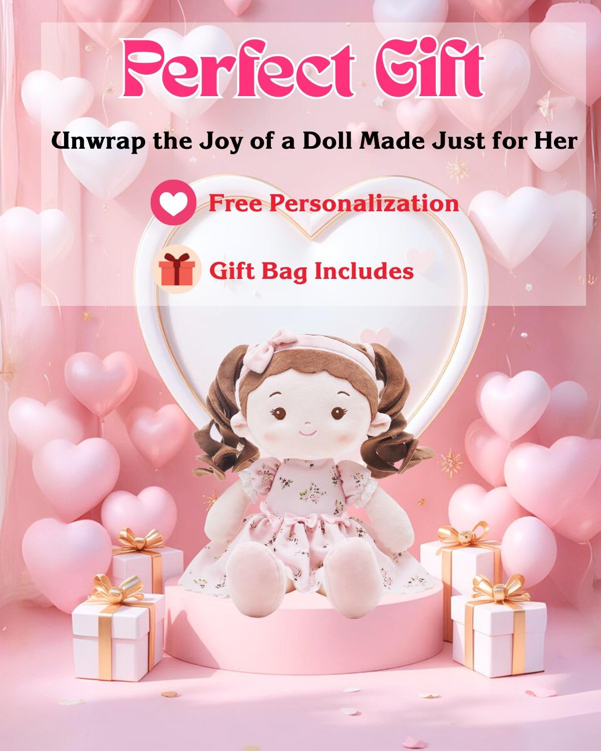 LeyaDoll Personalized Soft Baby Doll Toys (16''), My First Baby Rag Doll for 1 Year-Old Girl Birthday Gift, Christmas Plush Toys Gift for Toddler Kids Infants-Princess-Breeze-Brown