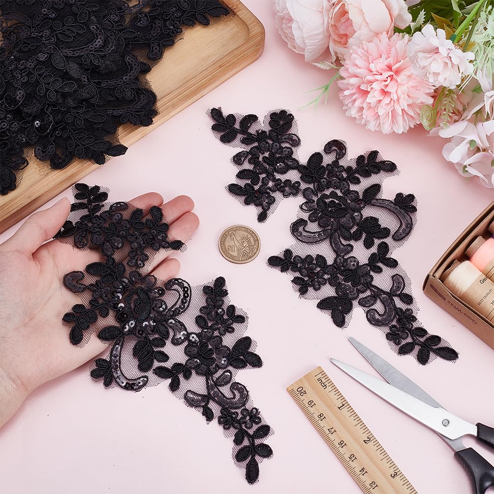 HOBBIESAY 8Pcs Flower Embroidery Sequin Lace Applique Black Polyester Floral Patch Sewing Craft Decoration Appliques Repair Patches for Wedding Dress Gown Bodice Costume Clothing Craft DIY - Image 3