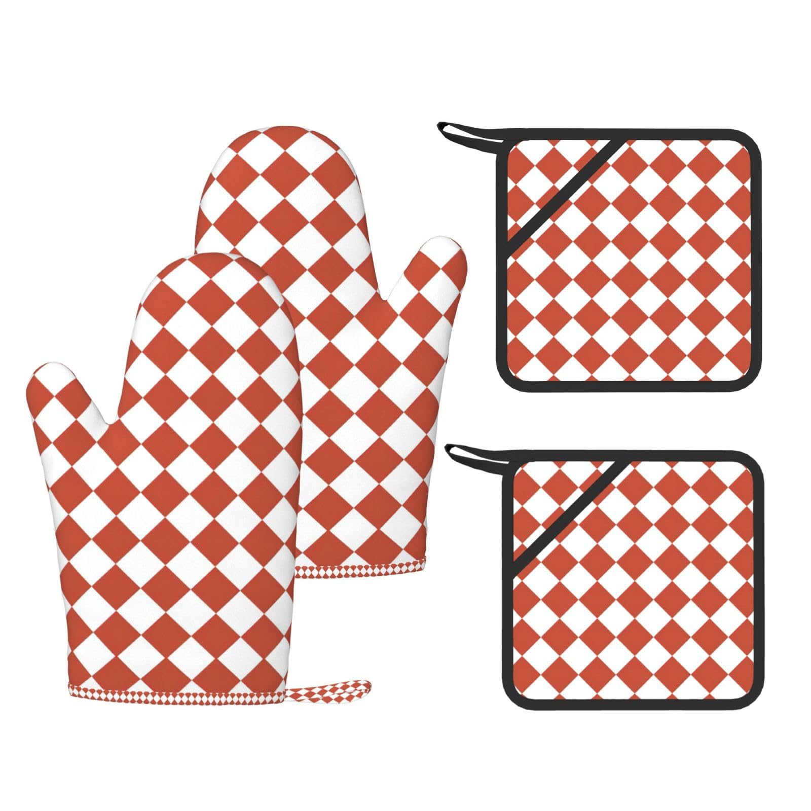 Eeprty Black Lattice Grid Pink Romance Printed Kitchen Oven Gloves And Potholder 4 Pcs, Non-Slip Heat Resistant Mitts For Baking Chef