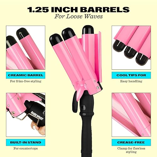 Vista 2 de Trademark Beauty Three Barrel Hair Waver, Curling Iron, 1.25 Inch, Beach Waves, Adjustable Temperature Hair Curler, Babe Waves Jumbo - Pink