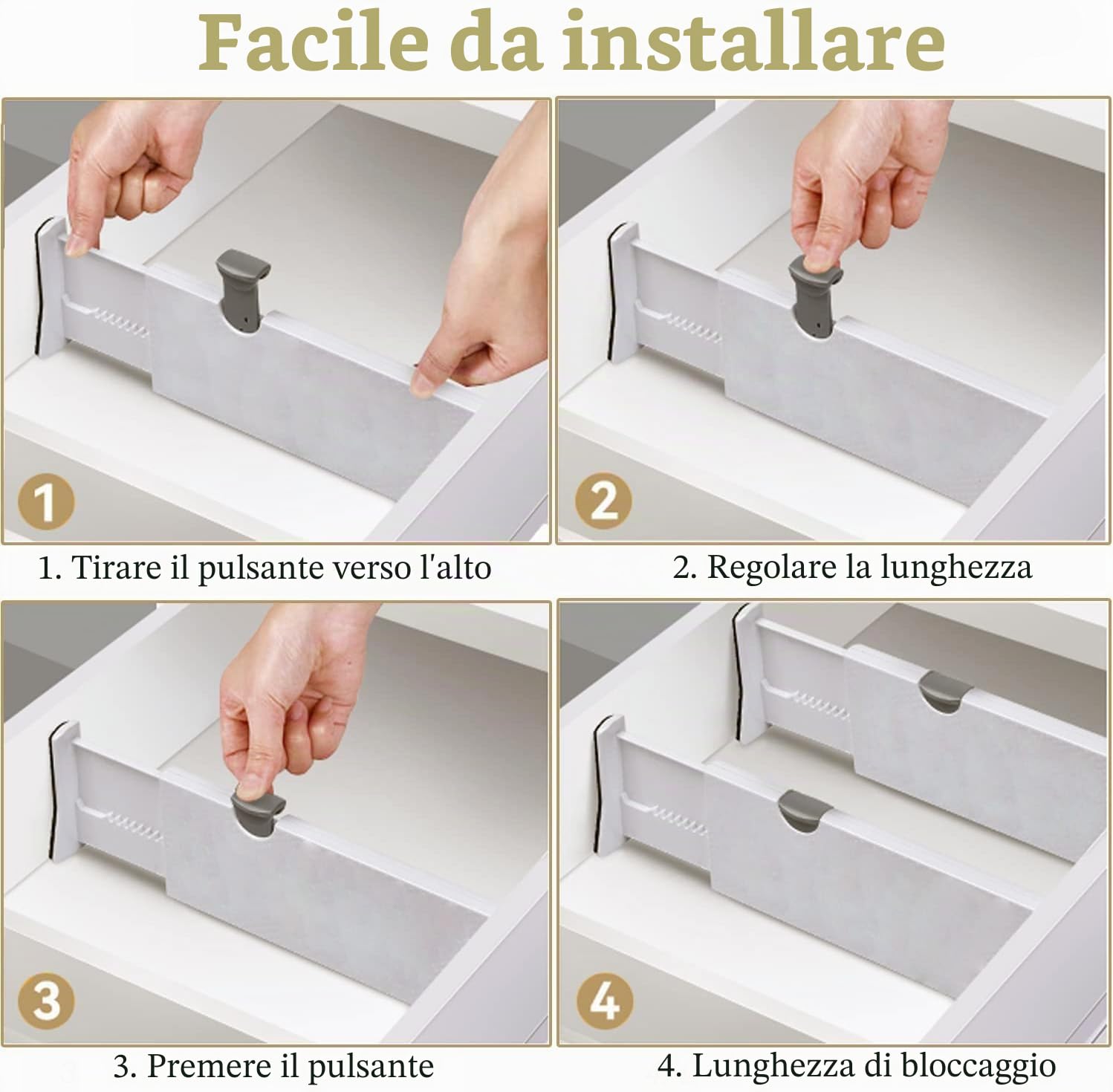 SENENQU Divisori per Cassetti 4 Pezzi Regolabili Bianchi 33,2-55 Cm | Separatori per Cassetti, Organizer Cucina, Bagno, Armadio e Intimo 12,7 cm in PP per Casa