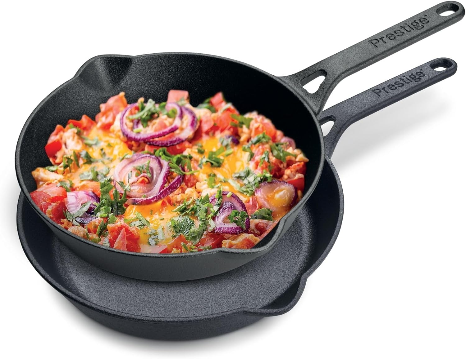 Prestige Pre-Seasoned Cast Iron Cookware Set – 20Cm & 24Cm Frypan | Set Combo Offer for Kitchen | Iron Utensils for Cooking | Induction Cookware Set, Black, PR49082