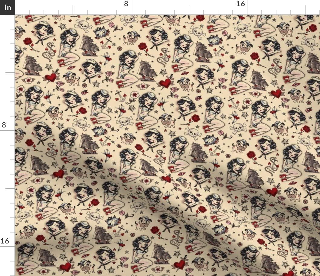 Spoonflower Fabric - Sailor Retro Tattoo Small Pin Up Art Vintage Kitsch 1950S Style Printed on Petal Signature Cotton Fabric by The Yard - Sewing Quilting Apparel Crafts Decor