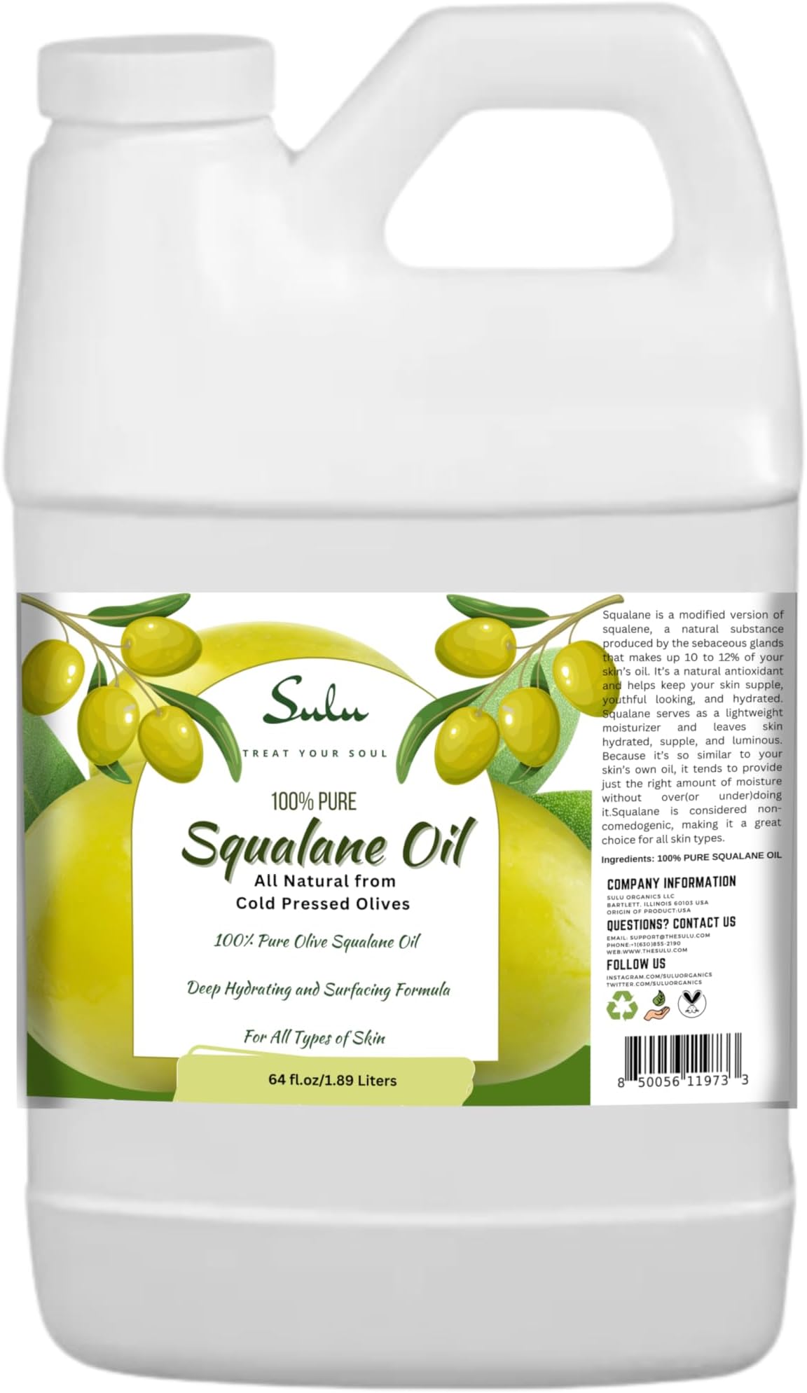 100% Pure Squalane Oil derived from Cold pressed Olives for Face, Hair, Body -64 fl.oz