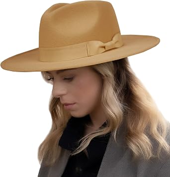 Womens Classic Wide Flat Brim Panama Hat Wool Fedora Hat