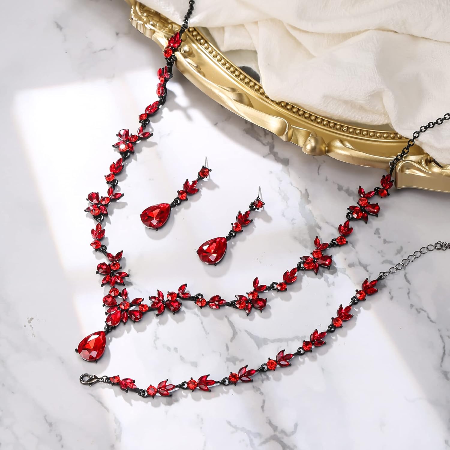 BriLove Wedding Jewelry Set for Women Bride, Y-Necklace Tennis Bracelet Dangle Earrings Crystal Teardrop Marquise Cluster for Bridal Bridesmaid - Image 5