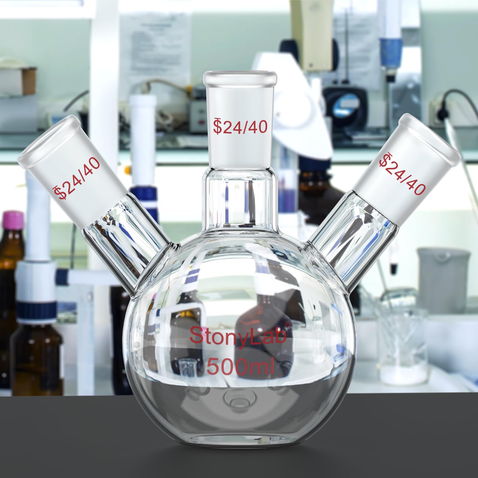 stonylab Fiole à Fond Plat à 3 Cols, Verre Borosilicate, Joint Standard 24/40, Fiole de Réaction de Laboratoire de Chimie, Capacité 500 ml