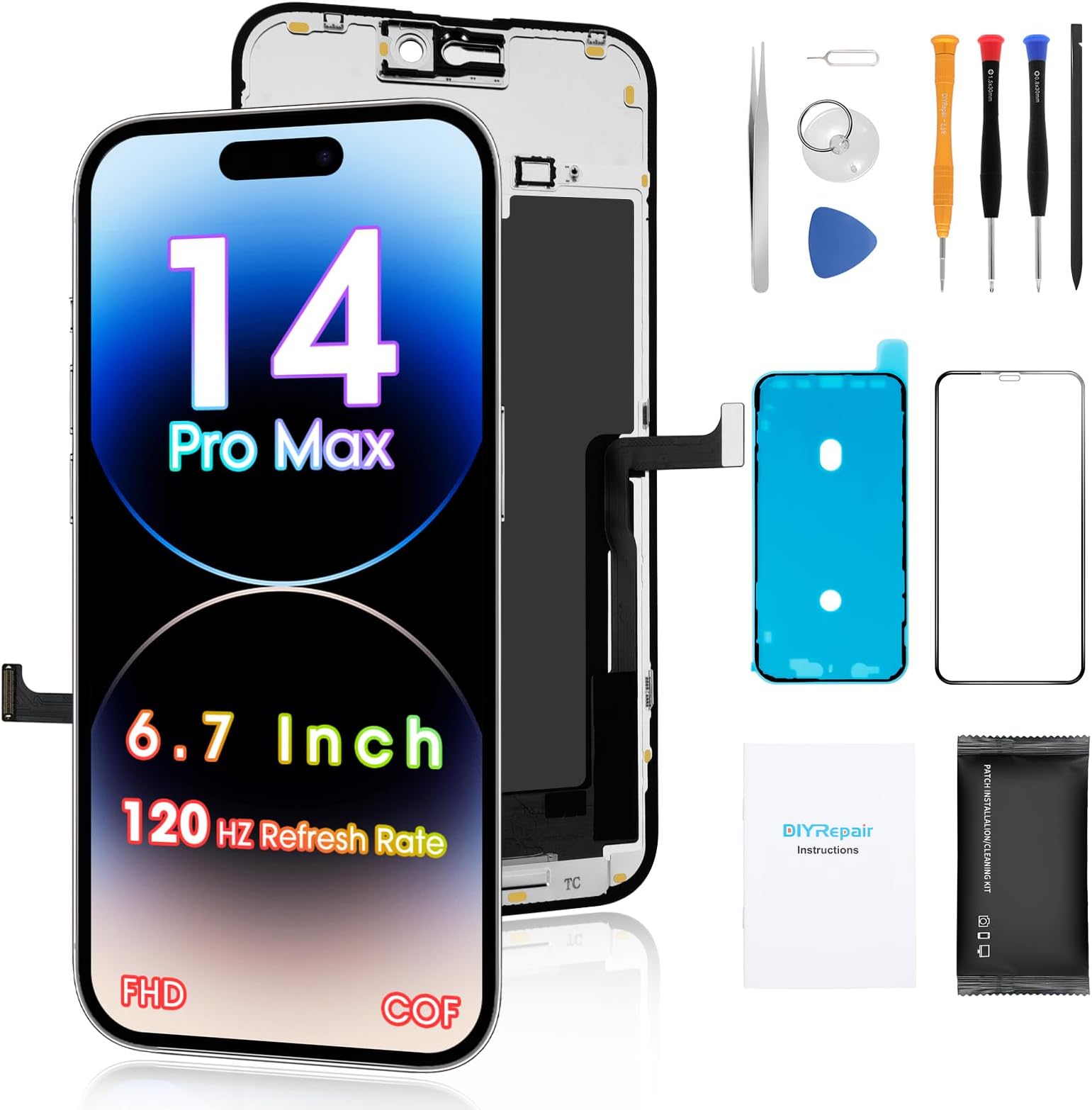 DIYRepair for iPhone 14 Pro Max Screen Replacement 6.7’, 3D Touch Digitizer Display Full Repair kit, 120Hz Promotion COF FHD, with Tools Set, Waterproof Adhesive Tempered Glass, Instruction [iOS]
