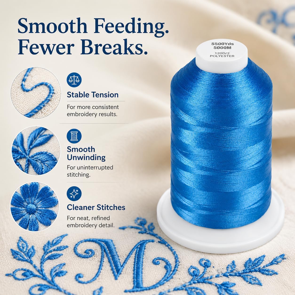 Simthread 5500Yds/5000M 40WT Polyester Embroidery Thread Electric Blue 420 | Large 5000M spool with thread lock base feeds smoothly for stable 40WT polyester stitching on home and commercial machines.
