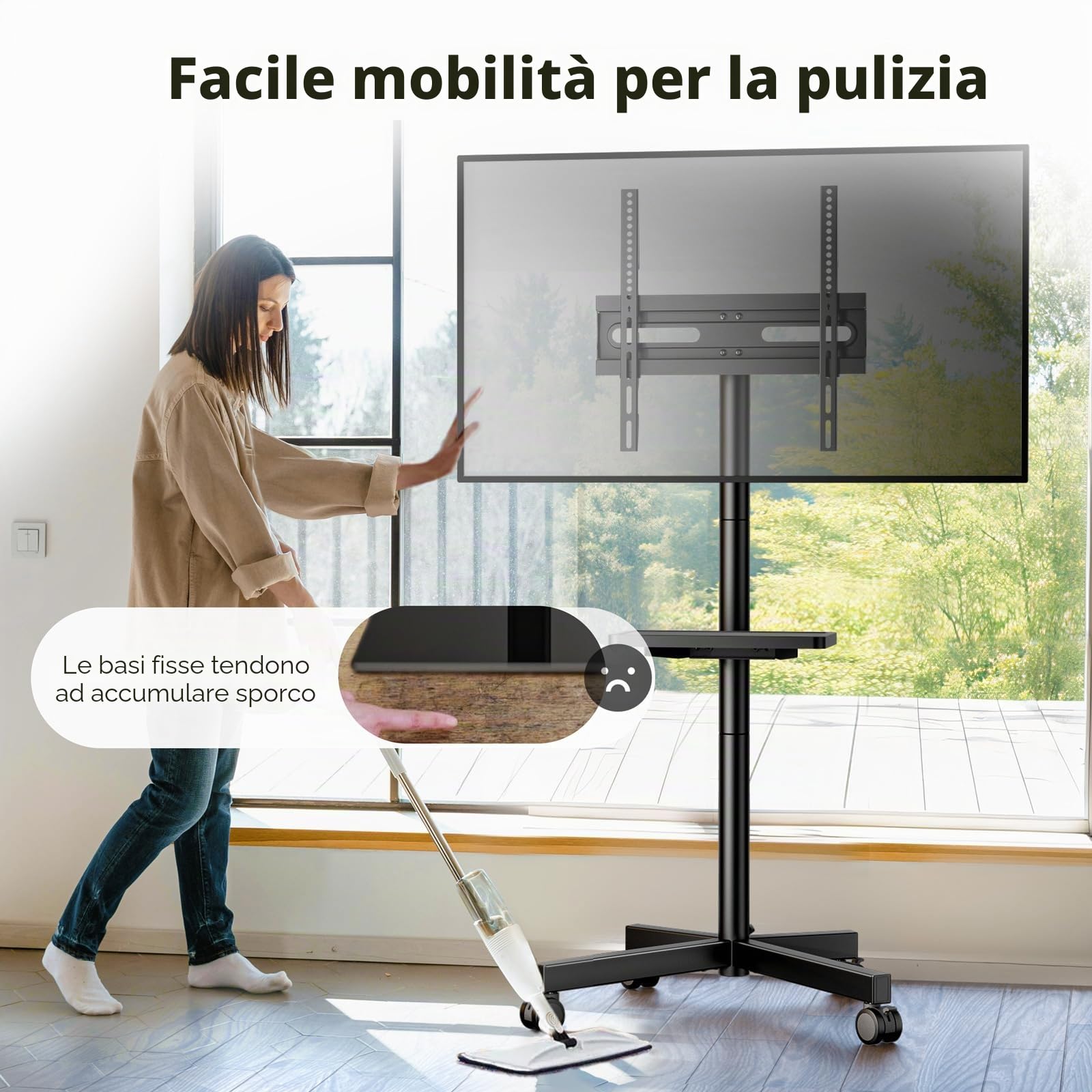 Supporto mobile TV per LCD LED da 23 a 60 pollici a schermo piatto/curvo, carrello porta TV con rotelle, supporta fino a 40 kg di peso, supporto TV portatile con ripiano girevole da pavimento