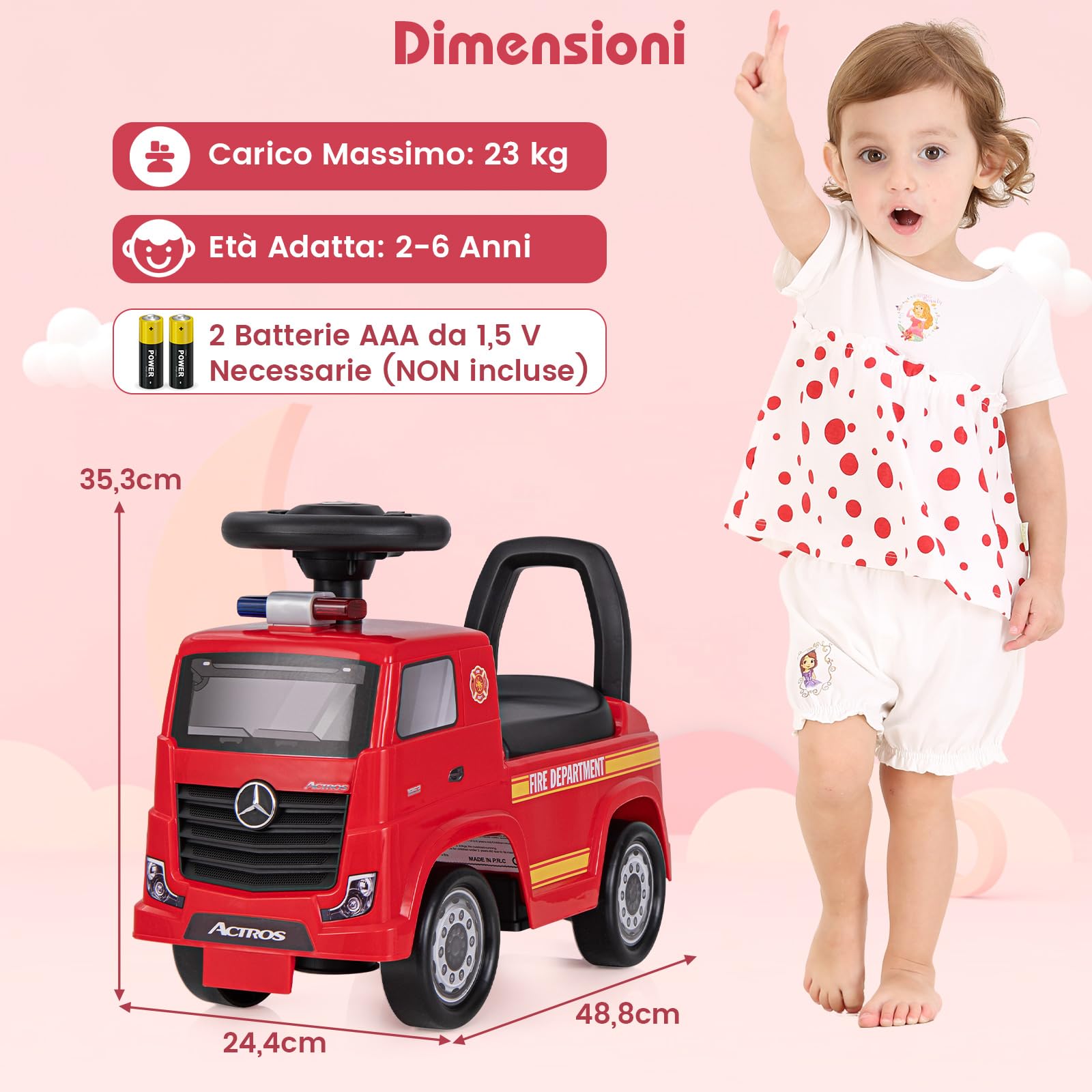 COSTWAY Camion dei Pompieri per Bambini, Macchinina Cavalcabile con Musica e Clacson, con Spazio di Stoccaggio Nascosto e Volante, Regalo per Bambini 2-6 Anni
