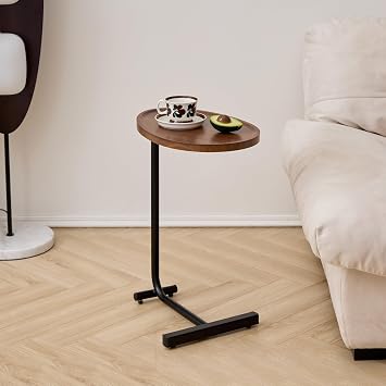 C-Shaped End Table, Small Side Table for Couch, Sofa Table with Metal Frame for Living Room, Bedroom, Small Spaces, Bedside 1, Brown