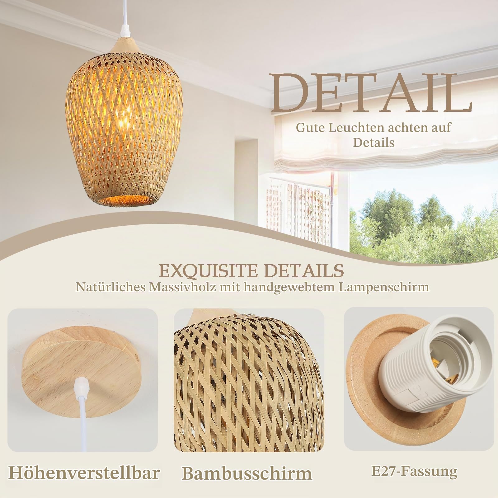 Lampenschirm Bambus Und Holz Boho,Handgewebt Doppelschicht Pendelleuchte Esstisch Vintage KüChe Lampe Dekor Eine-Licht HäNgelampe FüR Schlafzimmer Kronleuchter Wohnzimmer